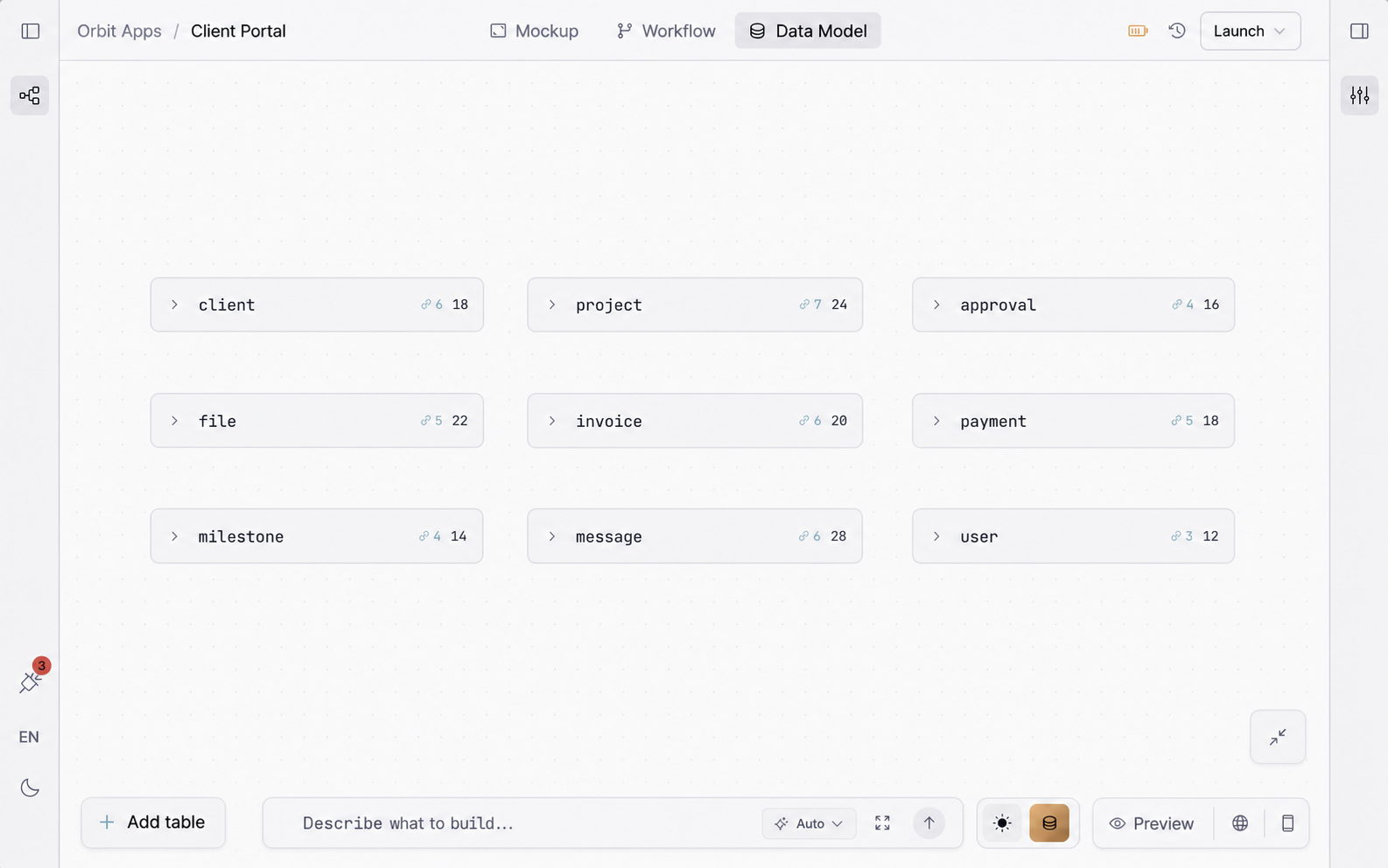 Orbit data model editor showing client portal entities and relationships