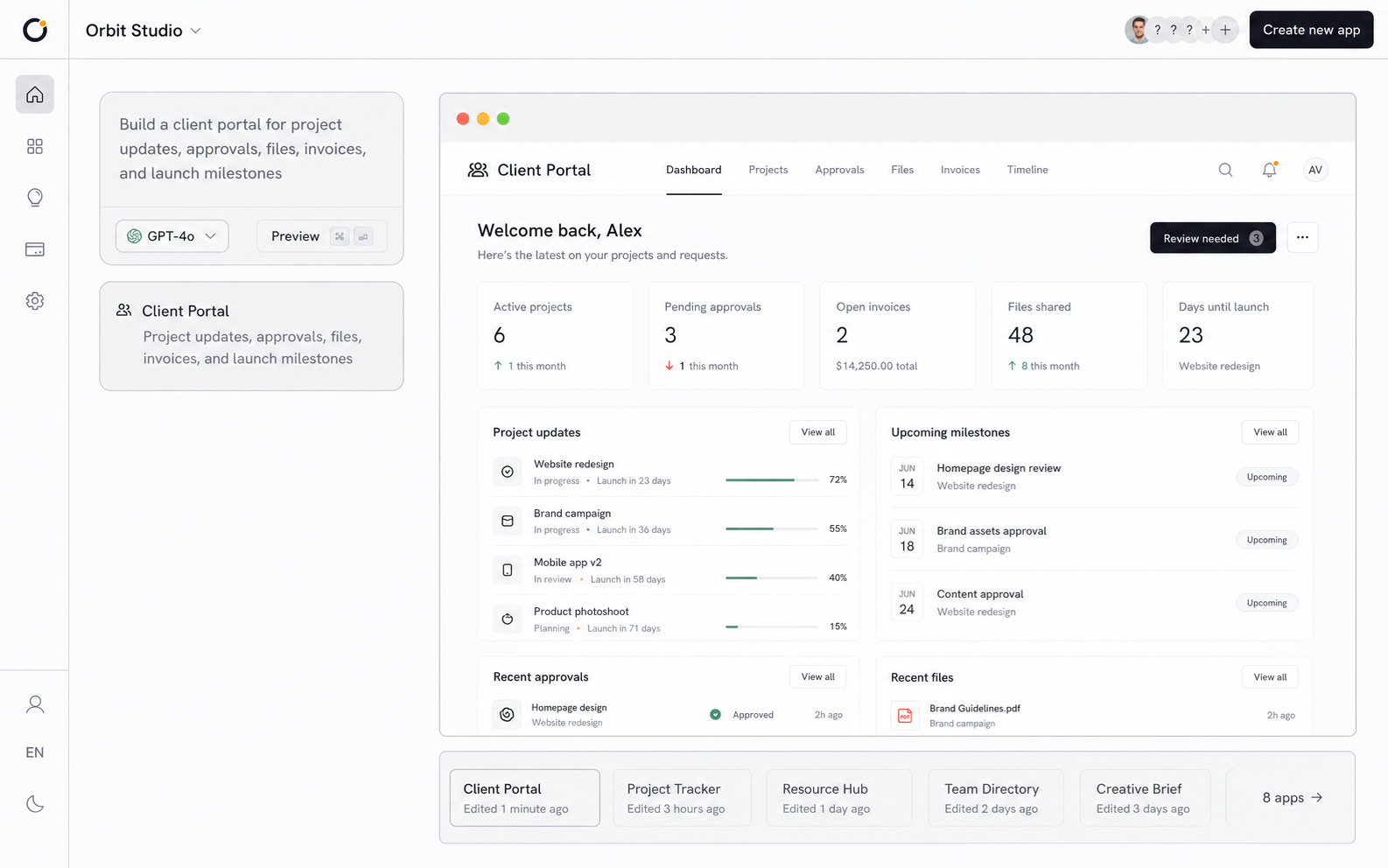 Orbit home building and previewing a client portal app for an agency project