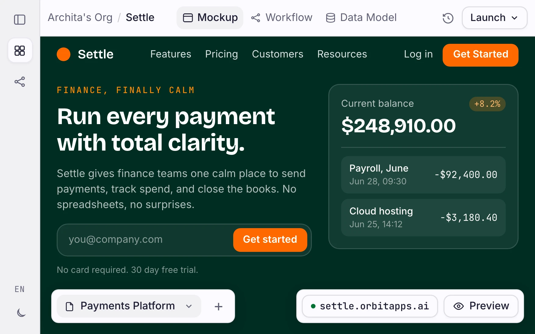 The client's Settle payments app open in the Orbit studio, live on settle.orbitapps.ai