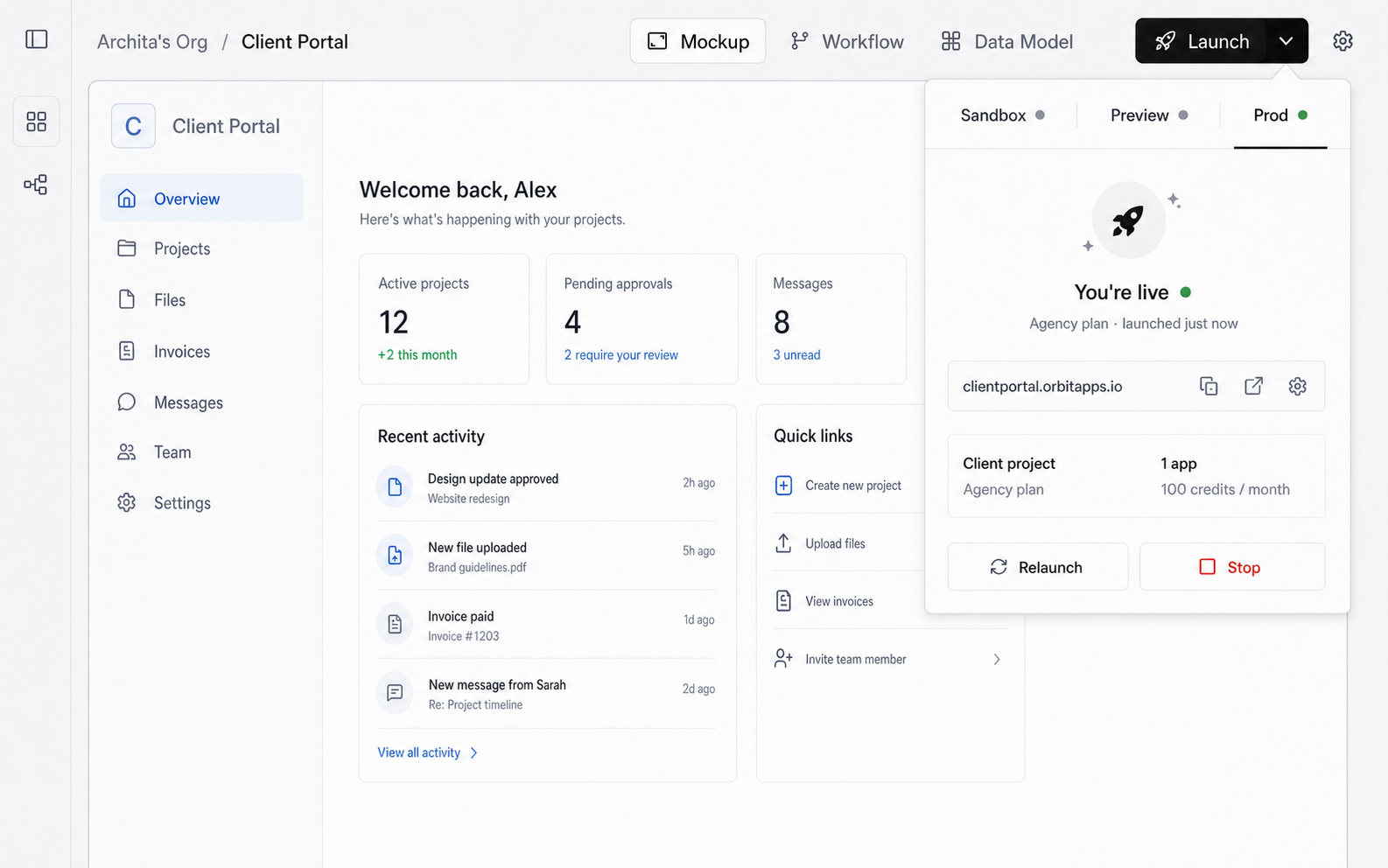 Orbit launch popover showing production status and live client portal URL