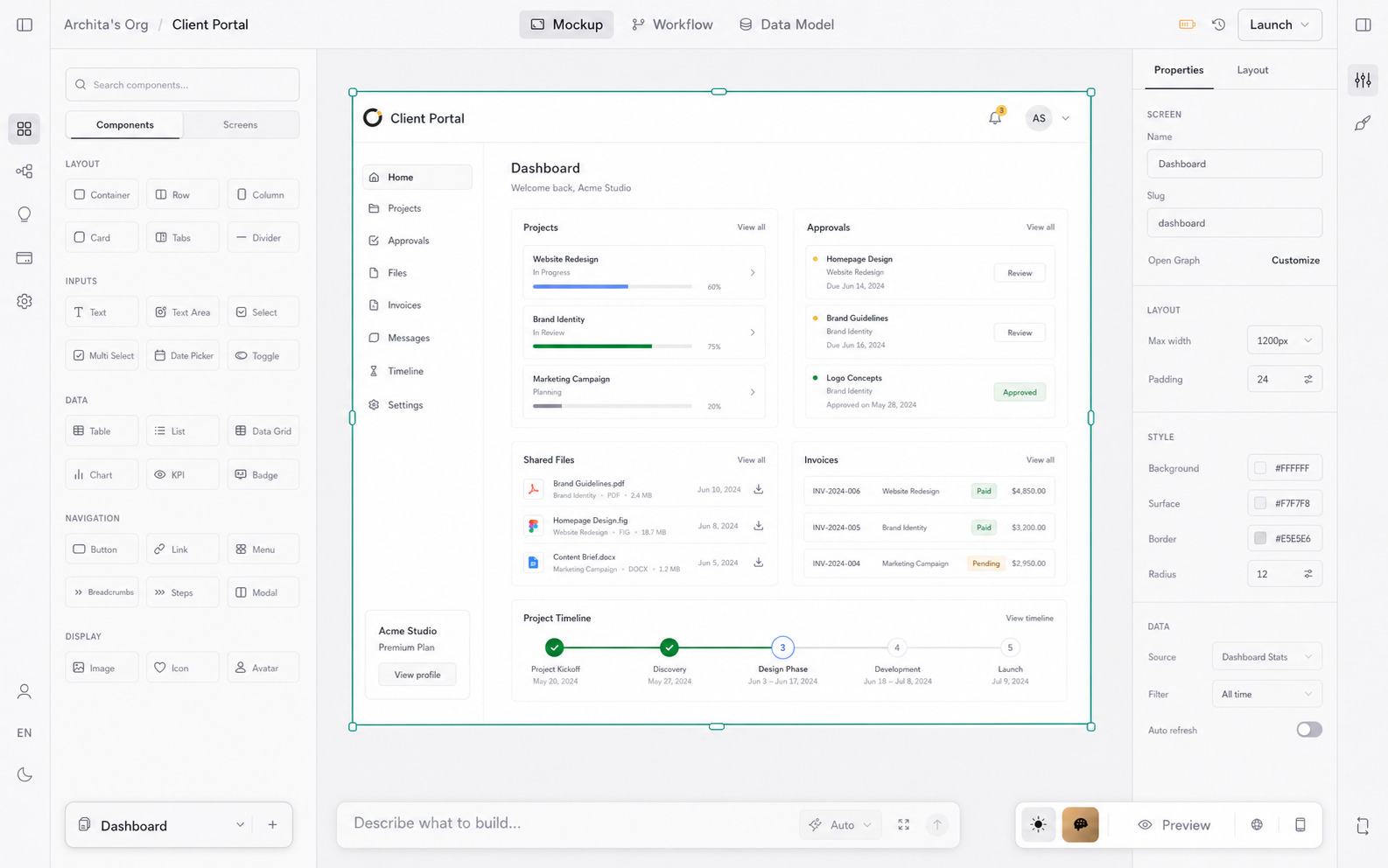 Orbit mockup editor shaping a client portal with canvas, components, and settings visible