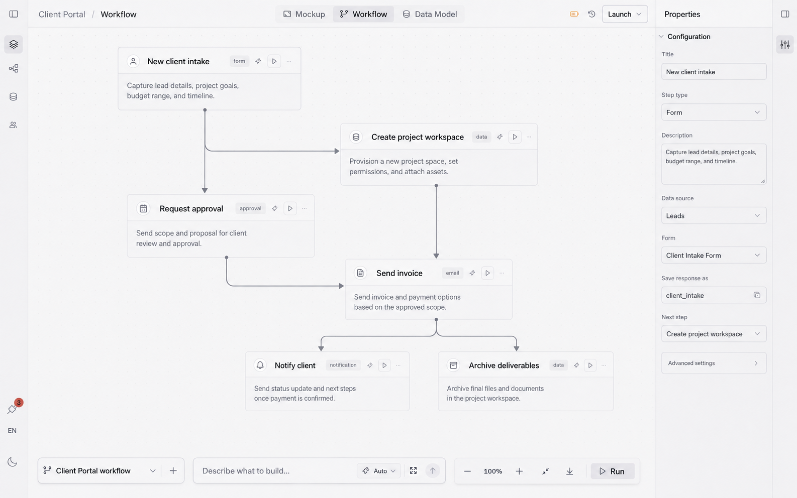 Orbit workflow editor showing intake, approvals, invoices, notifications, and archive steps