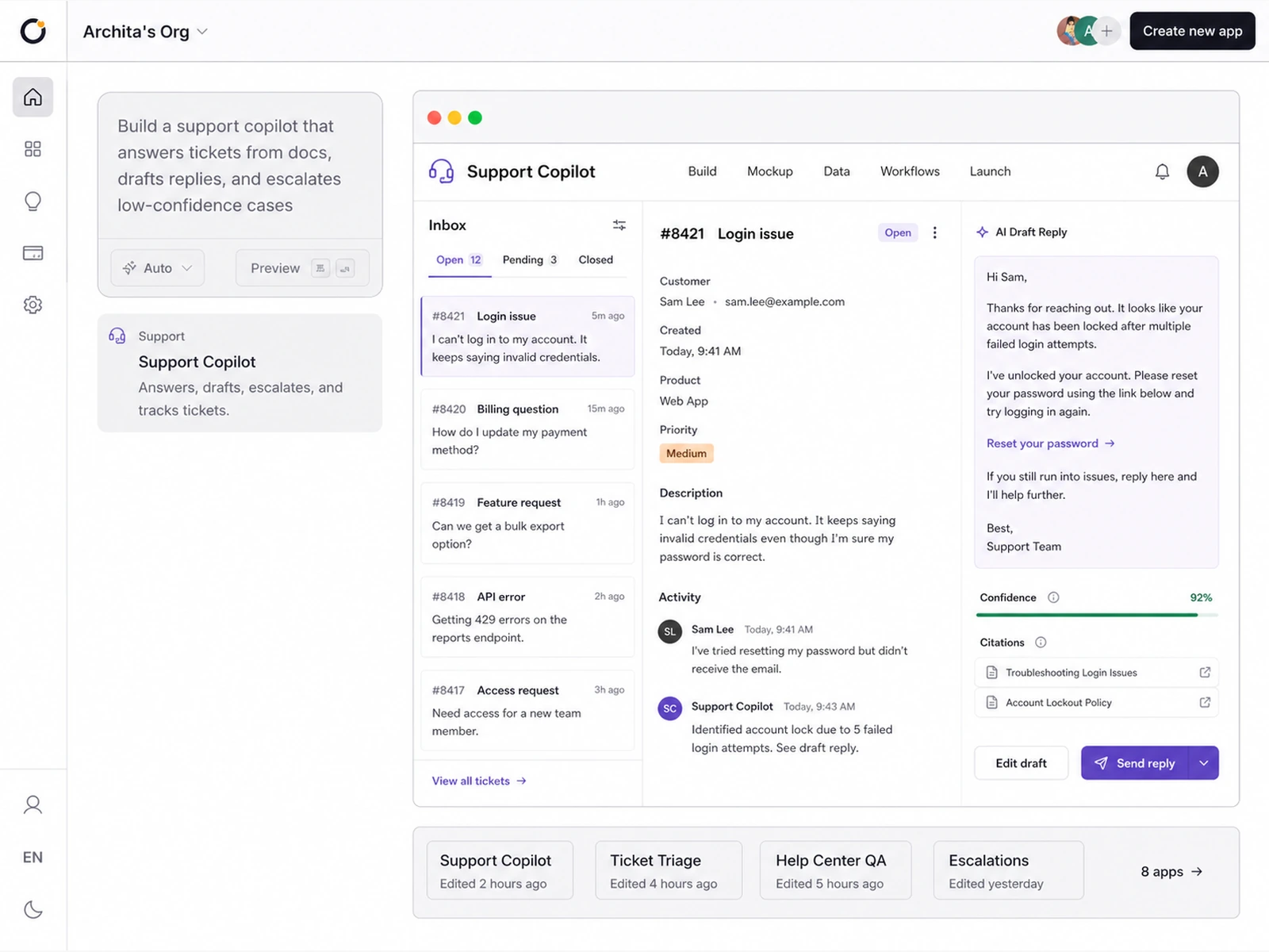 Orbit Build screen showing a support copilot brief beside a generated AI app preview
