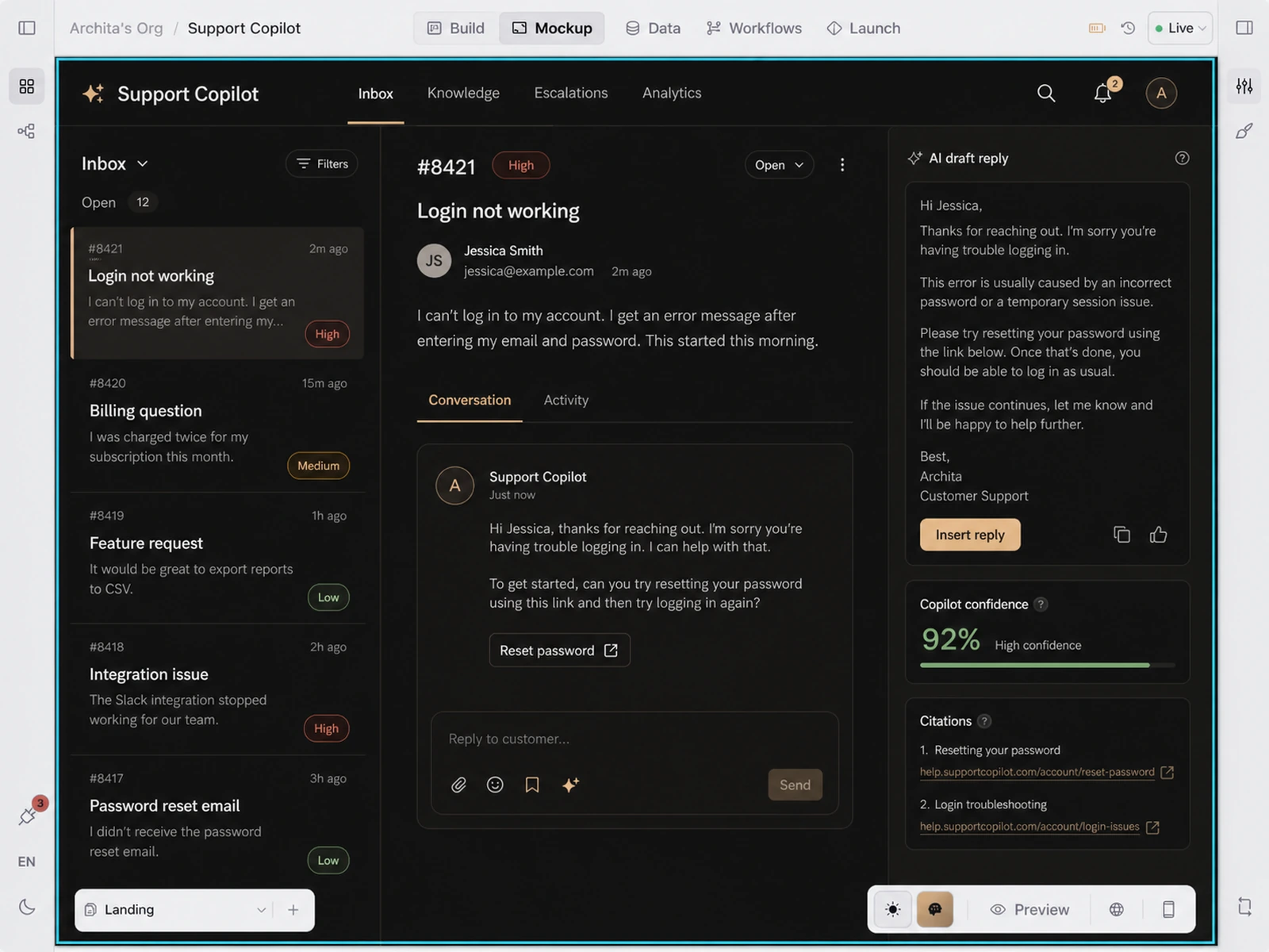 Orbit Mockup screen editing a support copilot inbox experience
