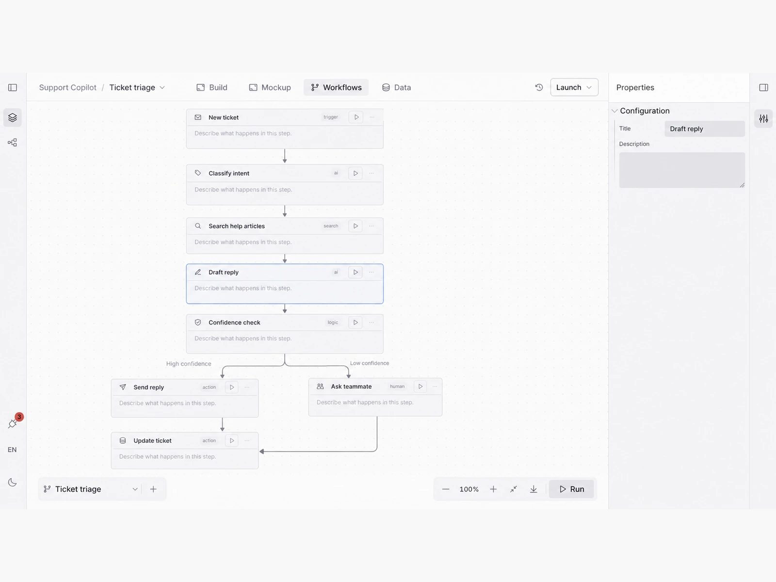 Orbit workflow screen for AI support ticket handling