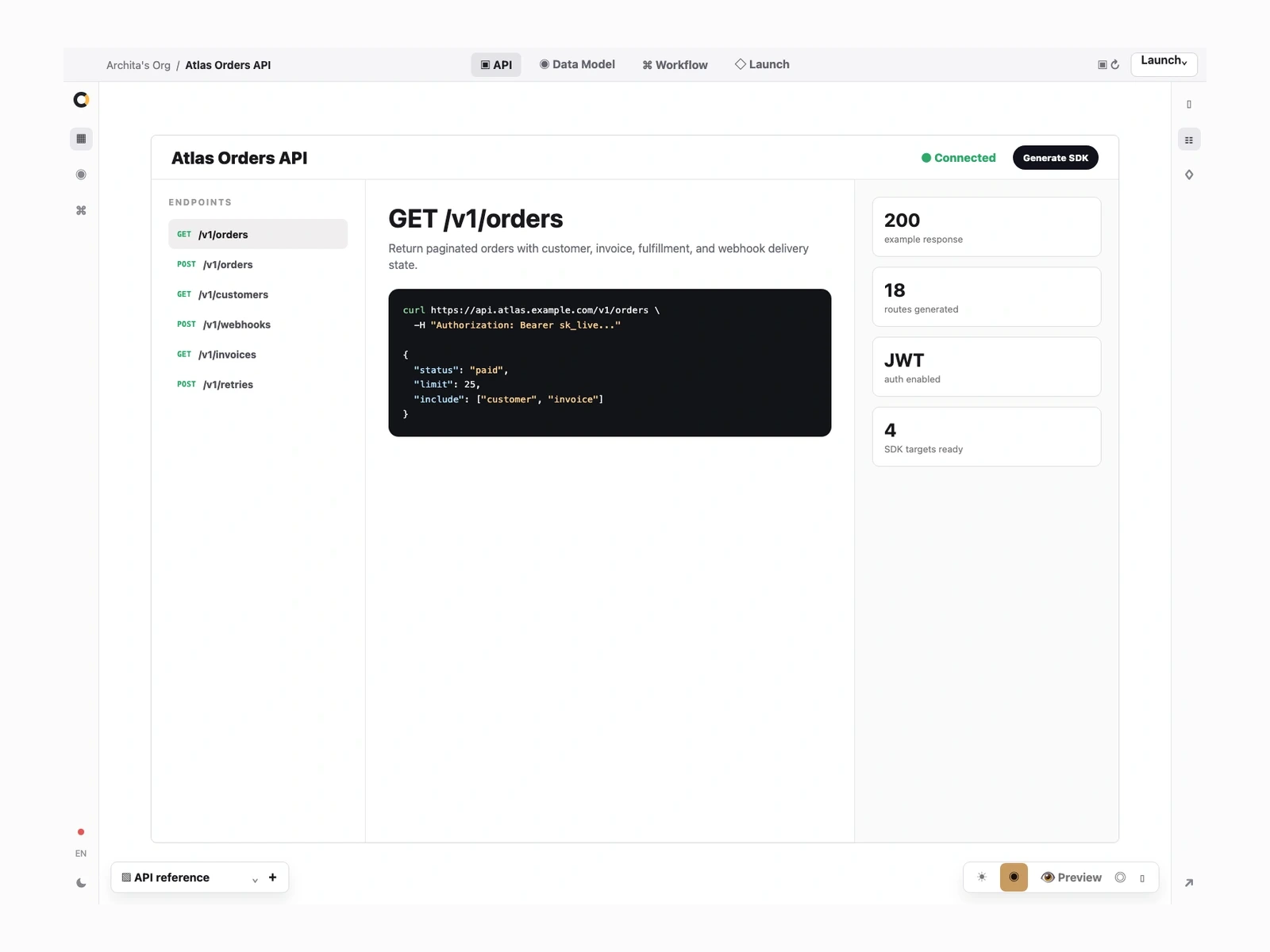 Orbit API screen showing generated routes and documentation for Atlas Orders API