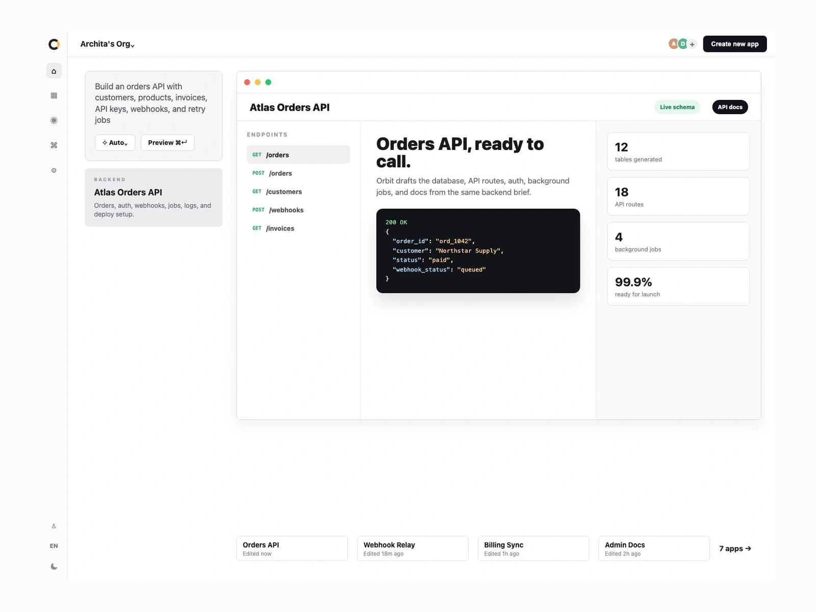 Orbit dashboard showing a backend API prompt and generated API preview