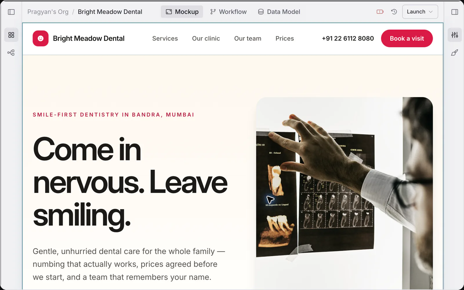 Éditeur Orbit affichant une app avec Mockup, Workflow, Data Model et commandes de publication