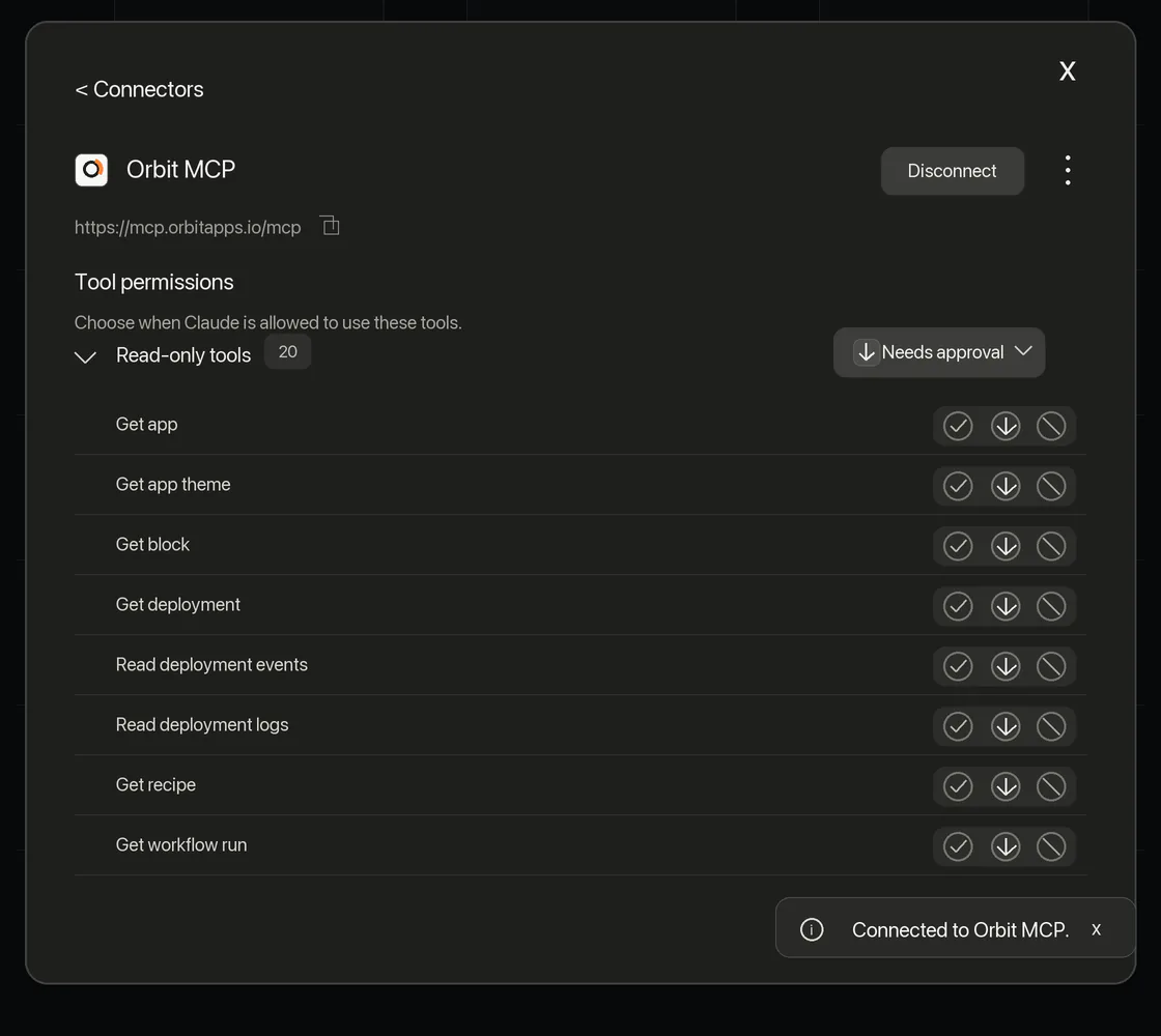 Claude connector settings showing Orbit MCP connected with tool permissions