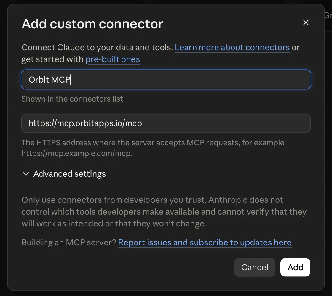Claude custom connector dialog with Orbit MCP and the Orbit MCP endpoint filled in