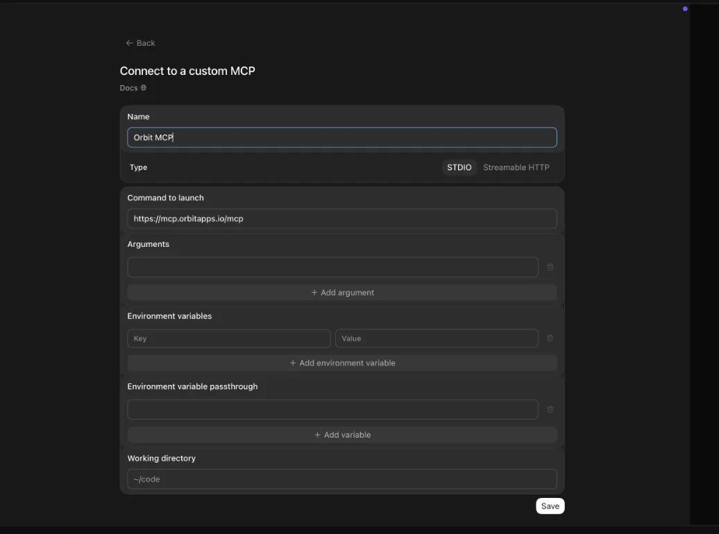 Codex custom MCP settings with Orbit MCP name and endpoint filled in