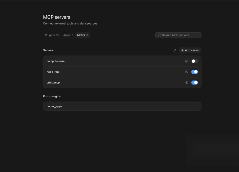 Codex MCP servers settings showing Orbit MCP listed and enabled
