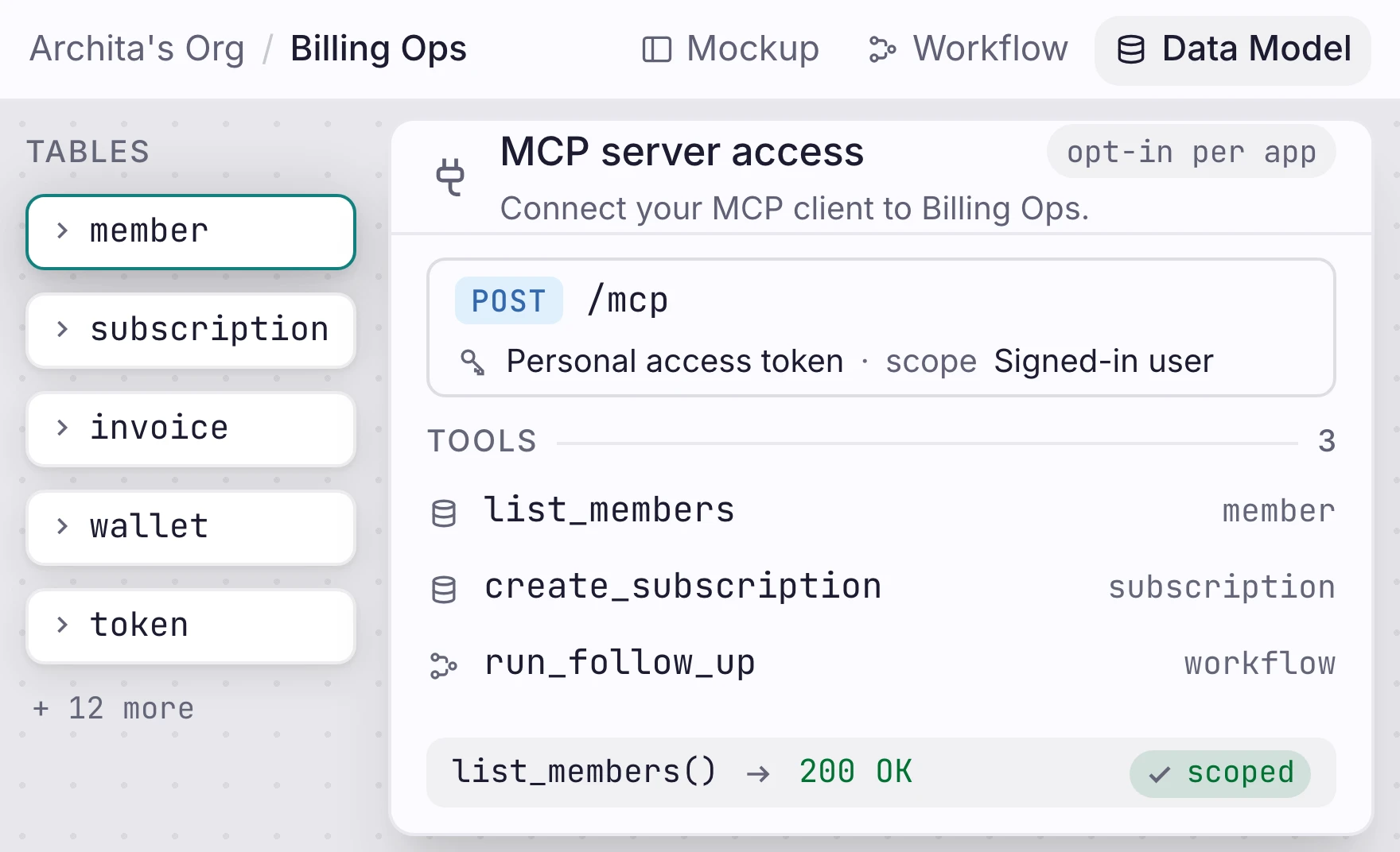 Orbit Billing Ops MCP server access with token auth, scoped tools, and a successful tool call.