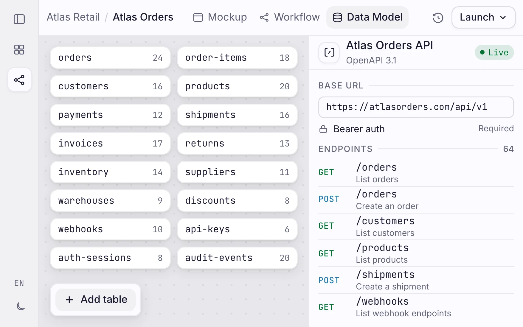 Orbit setting up the Atlas Orders backend data model, REST API, auth, webhooks, and OpenAPI docs