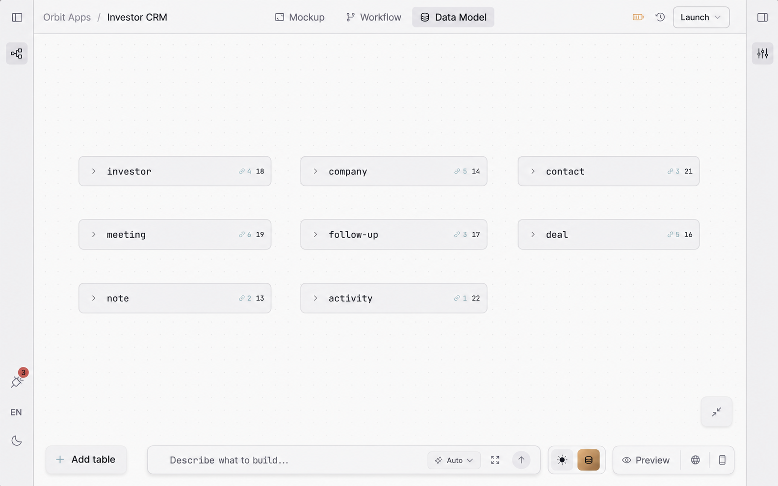 Orbit data model editor showing Investor CRM entities and relationships