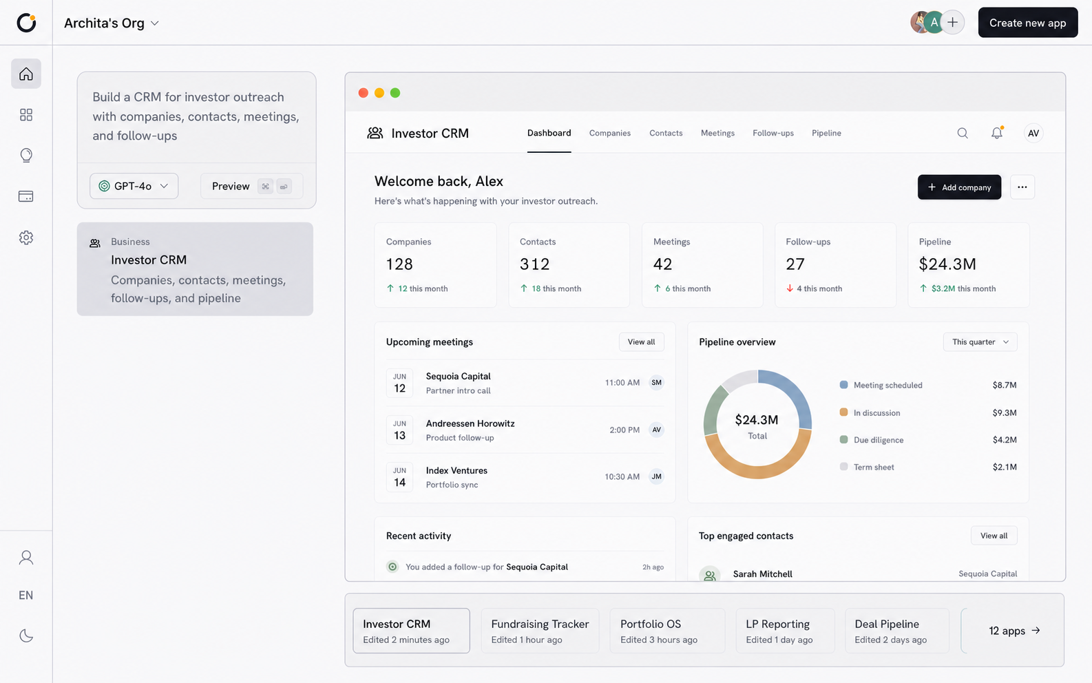 Orbit home building and previewing an Investor CRM app from a founder's prompt