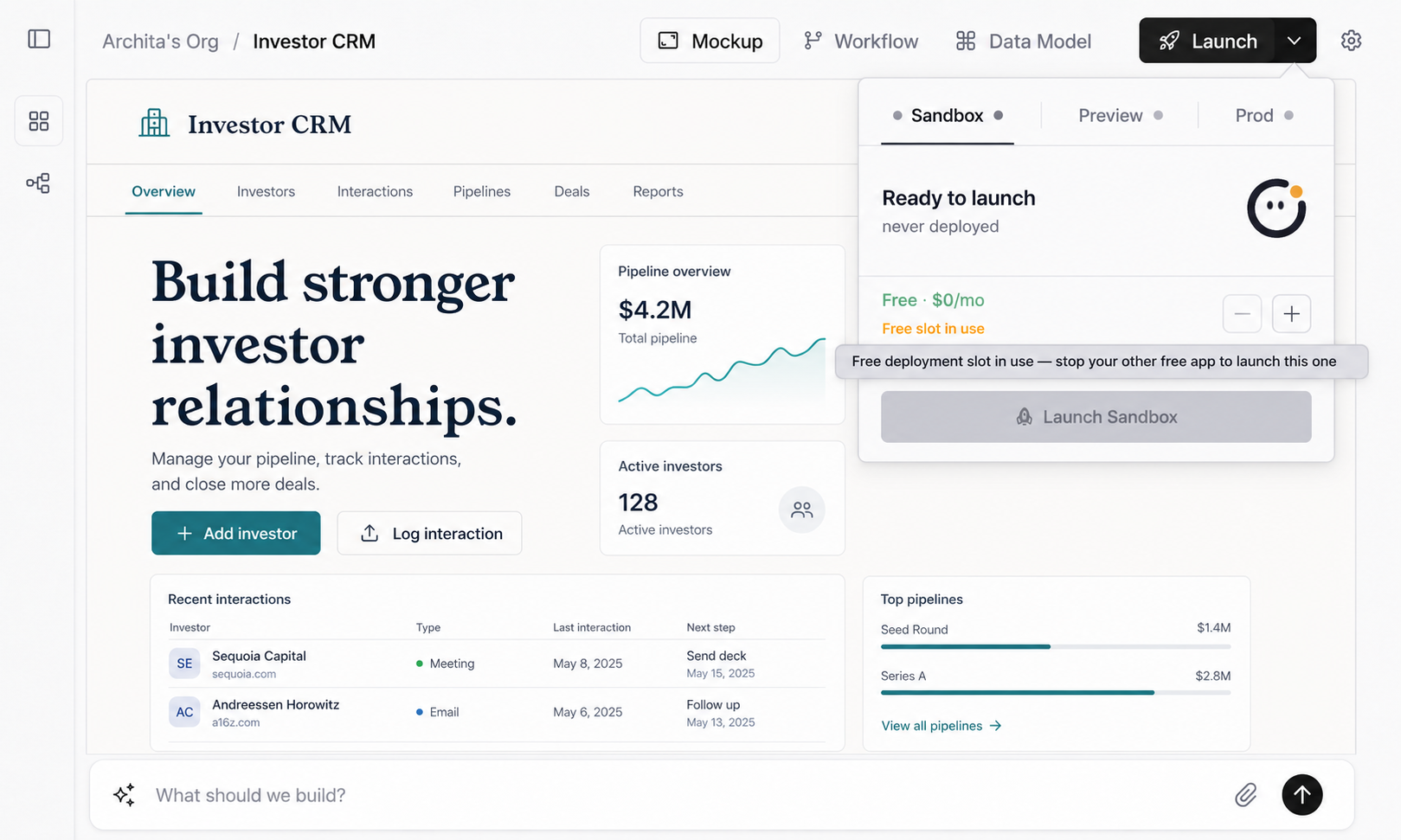 Orbit launch readiness view showing preview, data model, workflow, domain, and live URL checks