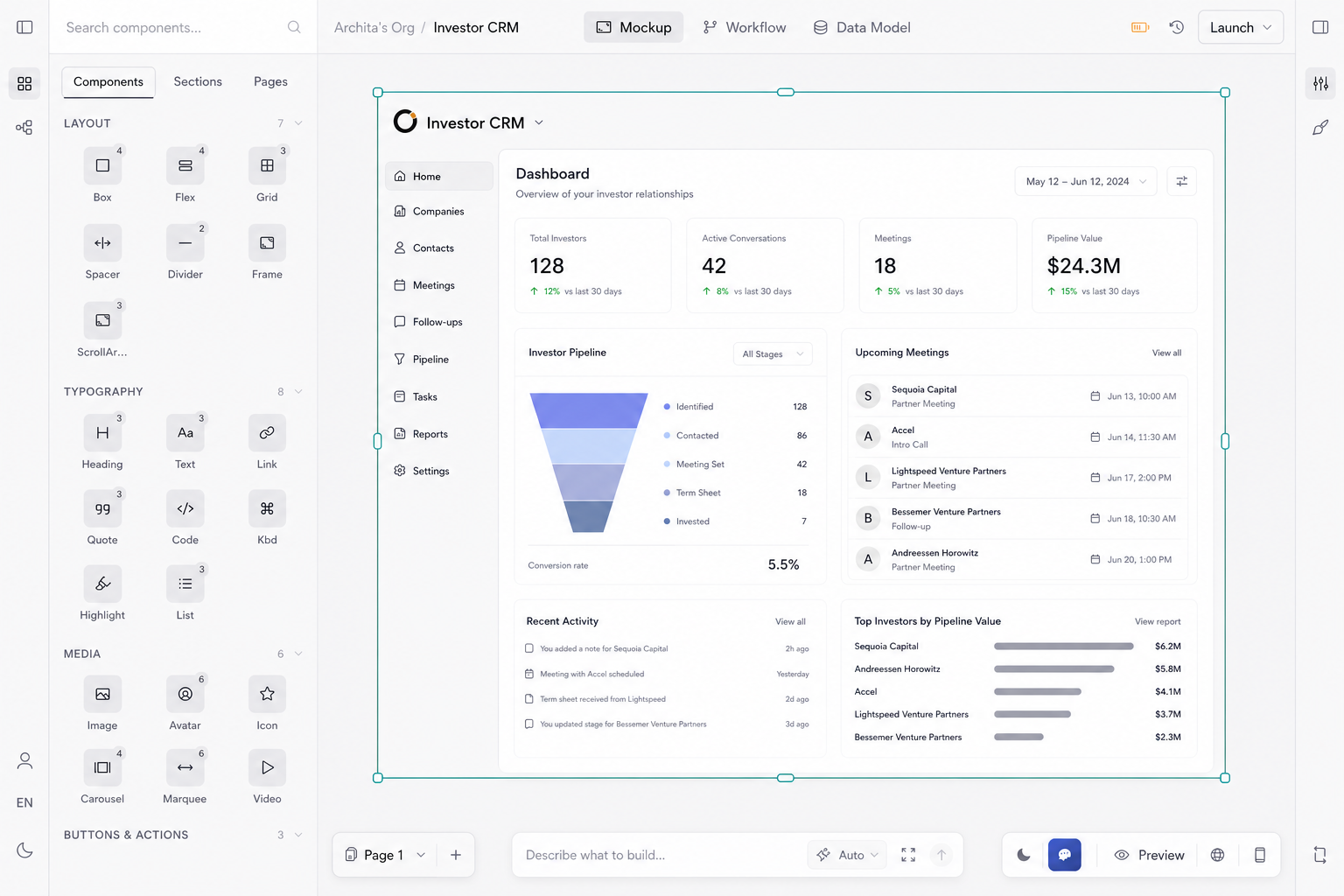Orbit mockup editor shaping an Investor CRM dashboard with the current component palette and canvas controls visible