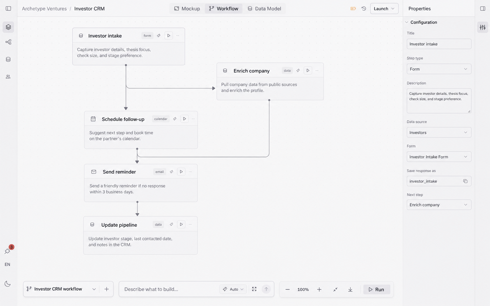 Orbit workflow editor showing investor intake, enrichment, follow-up, and pipeline automation nodes