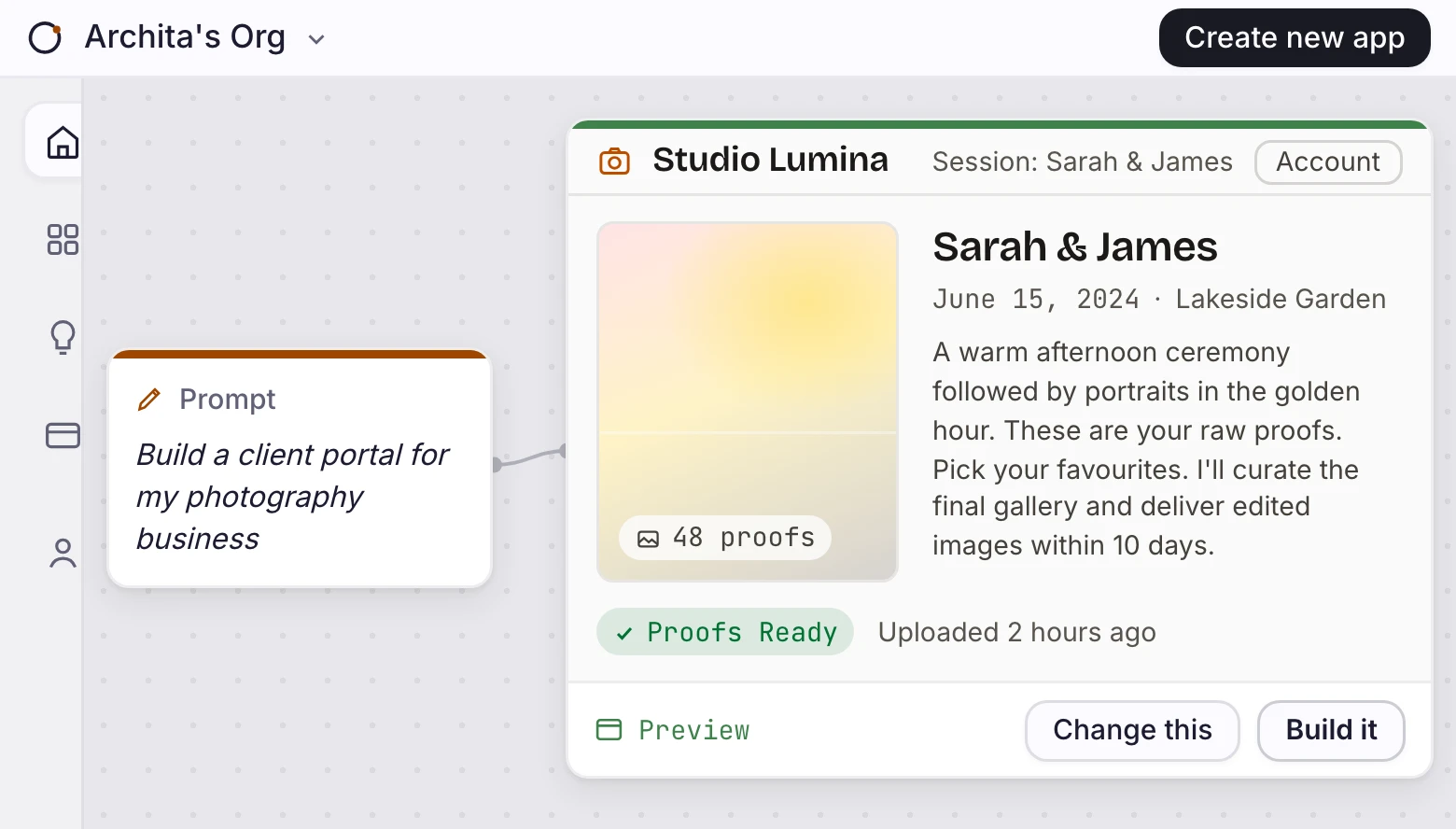 Orbit scratchpad showing a photography client portal prompt connected to a generated app preview
