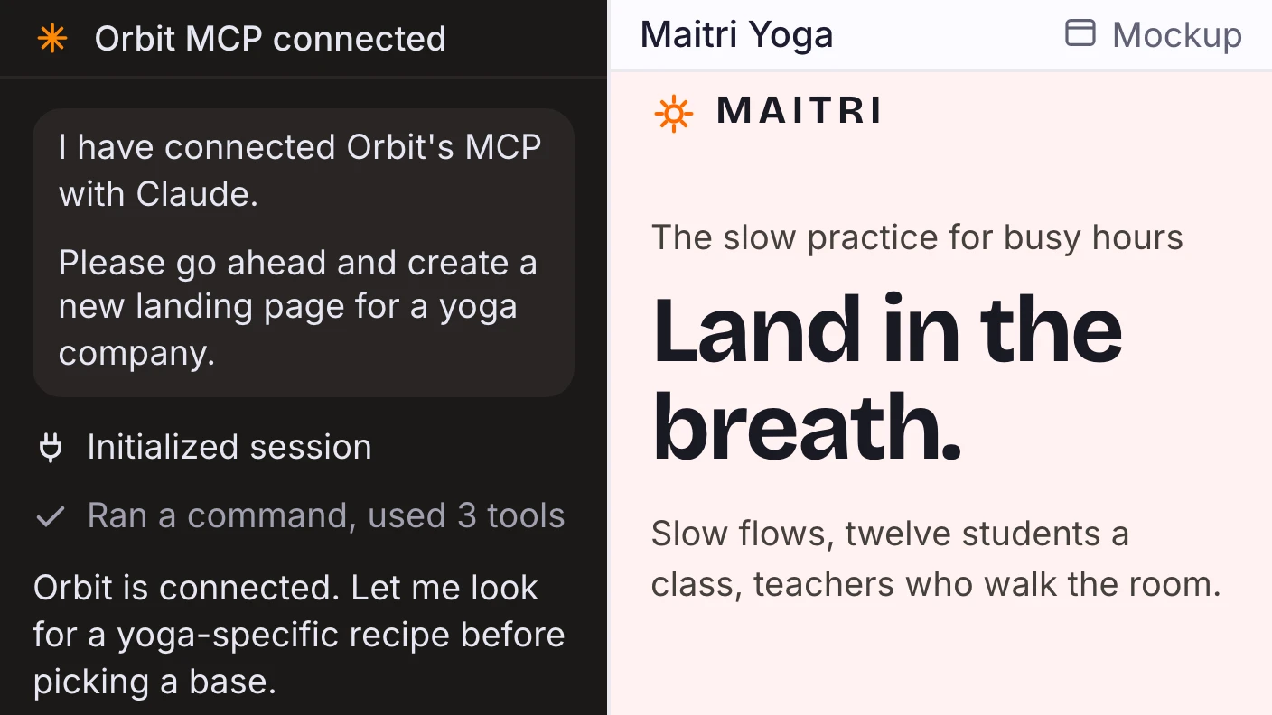A Claude conversation with Orbit's MCP connected, building a yoga studio landing page