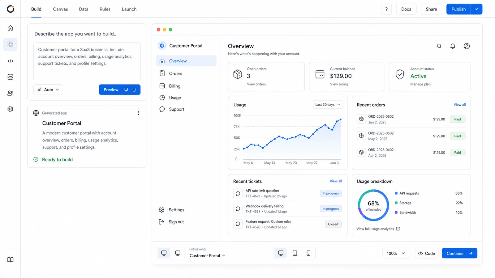 Orbit Build screen showing an app brief beside a generated customer portal preview