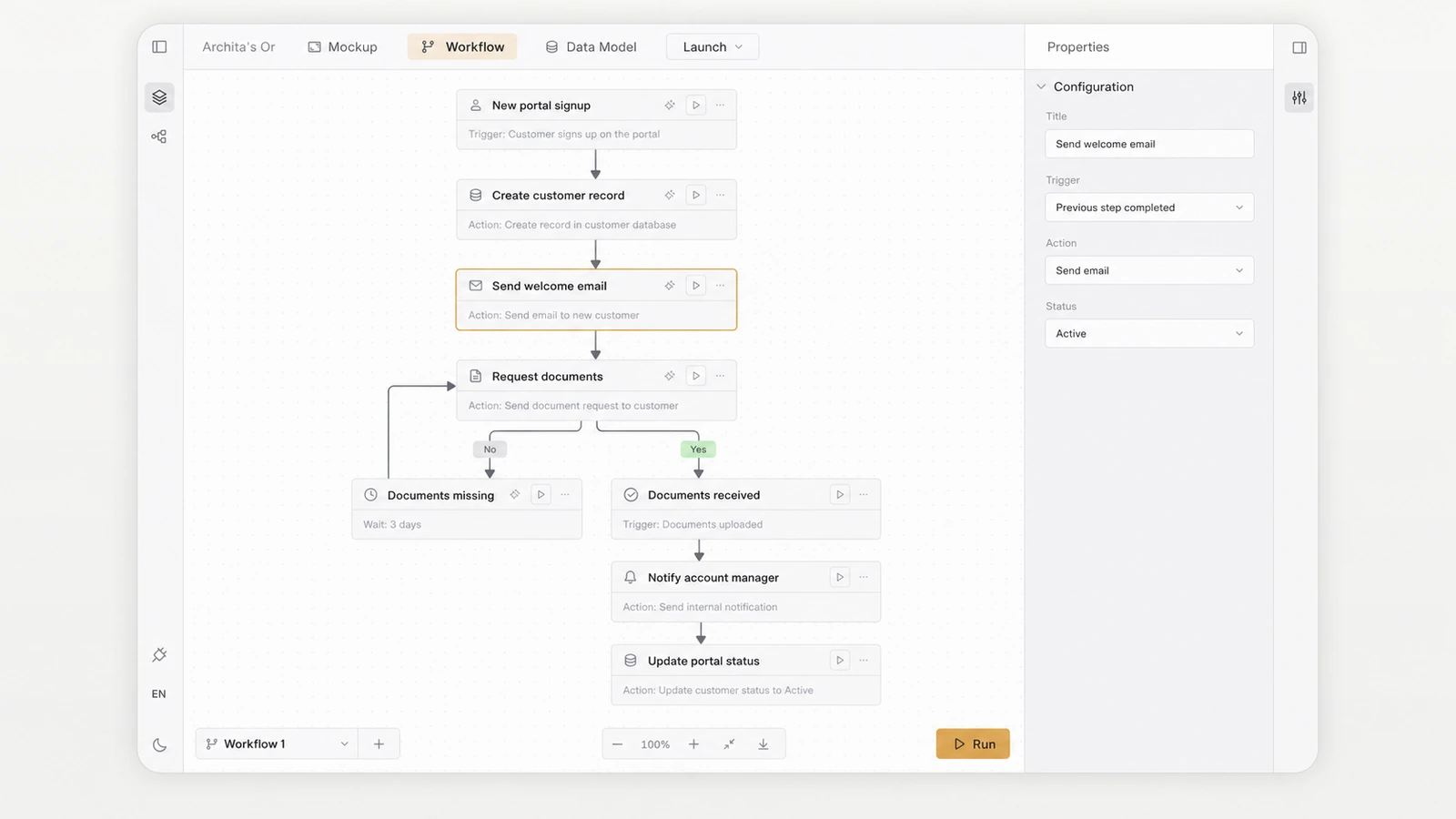 Orbit Workflows screen showing connected app automation steps