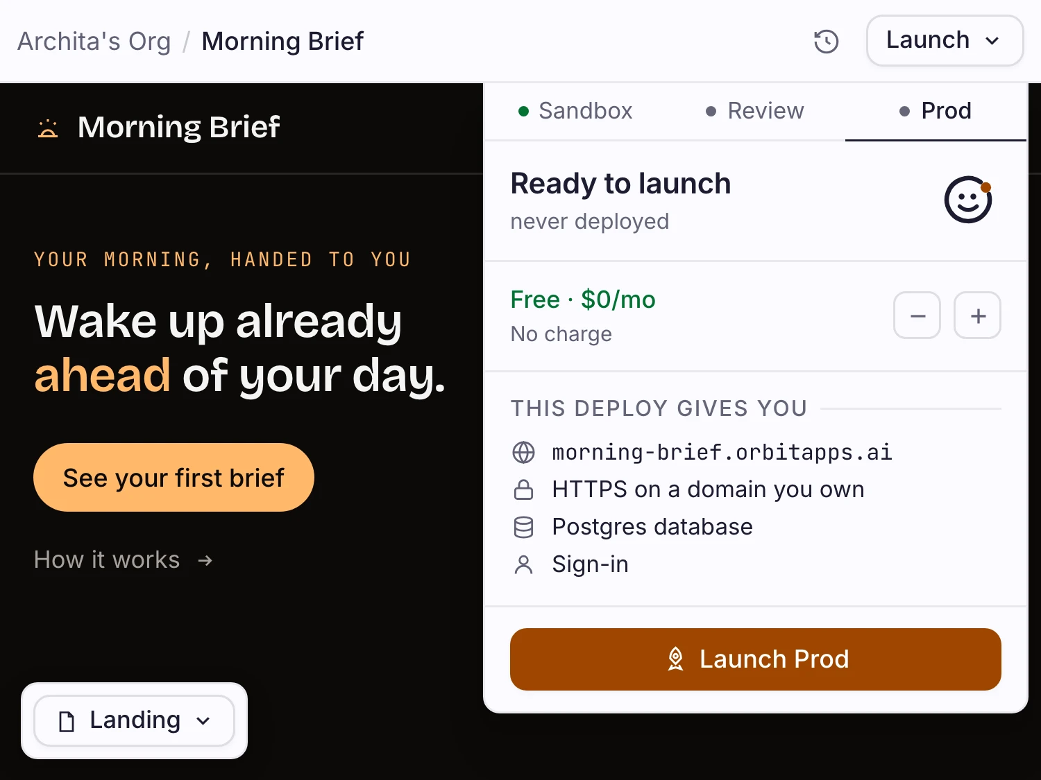App Orbit prête à lancer, contrôles de production ouverts
