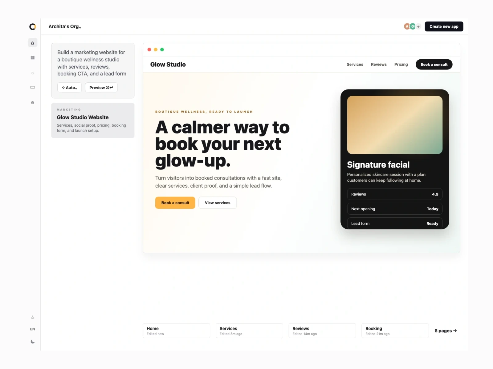 Orbit dashboard showing a marketing website prompt and generated website preview
