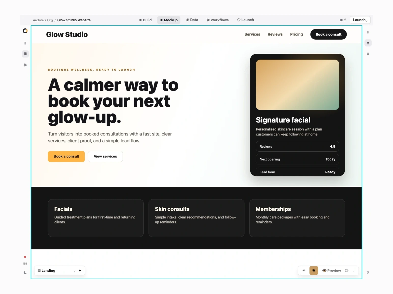 Orbit Mockup screen showing the Glow Studio website canvas