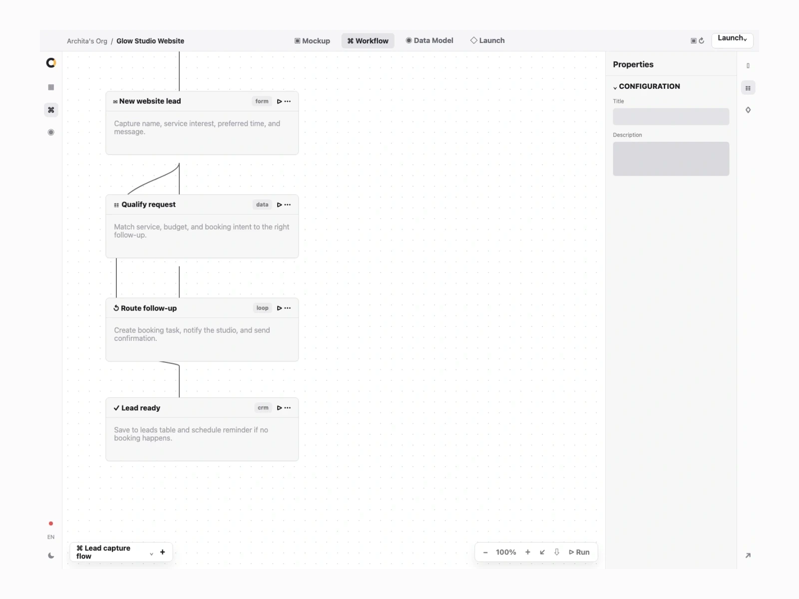 Orbit Workflow screen showing Glow Studio lead follow-up steps