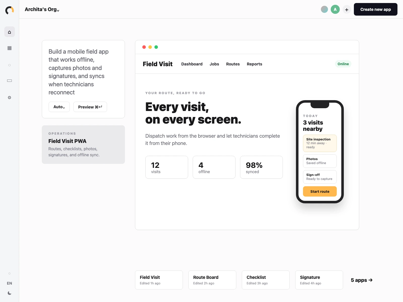 Orbit Build screen showing a field service Progressive Web App brief and mobile preview