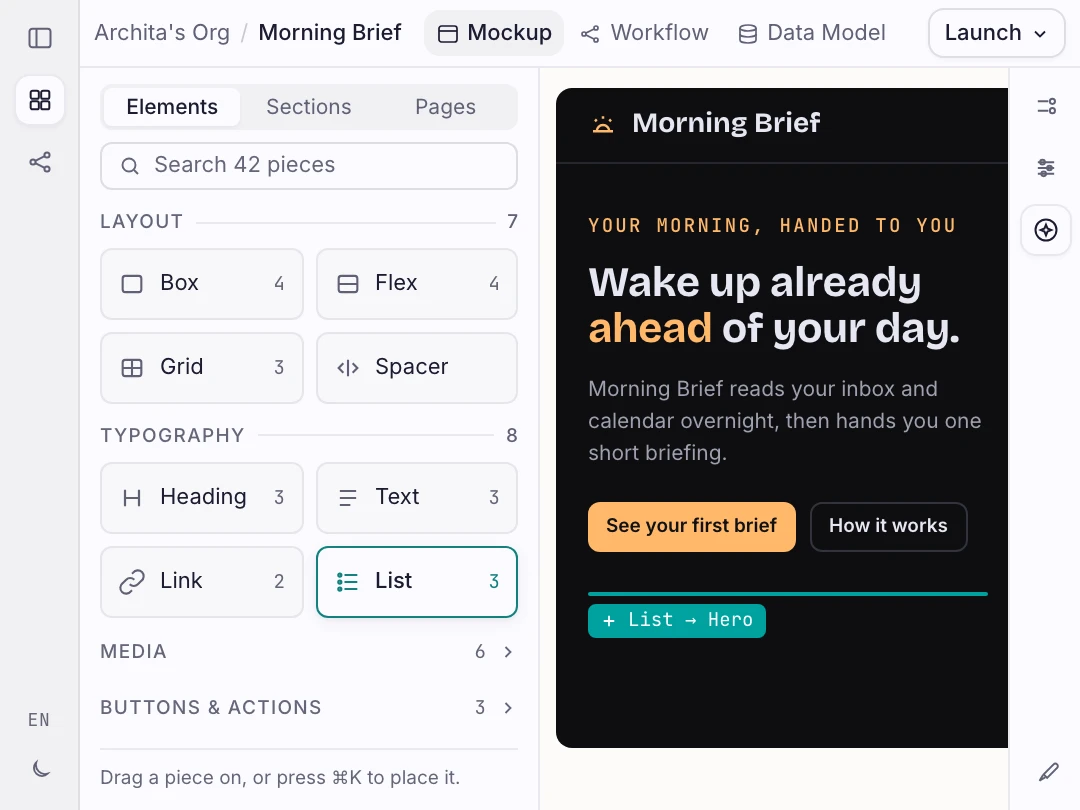 Orbit mockup editor with the component panel expanded and the aux chat tool open