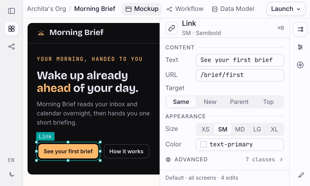 Orbit mockup editor with the properties inspector and aux chat tool open