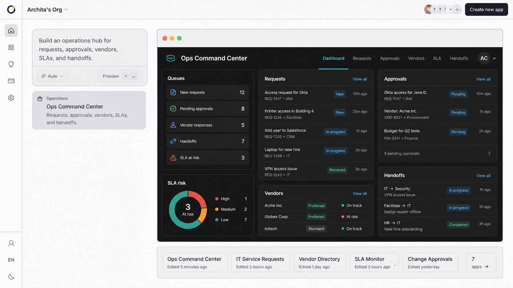 Orbit home building and previewing an Ops Command Center app for operations teams