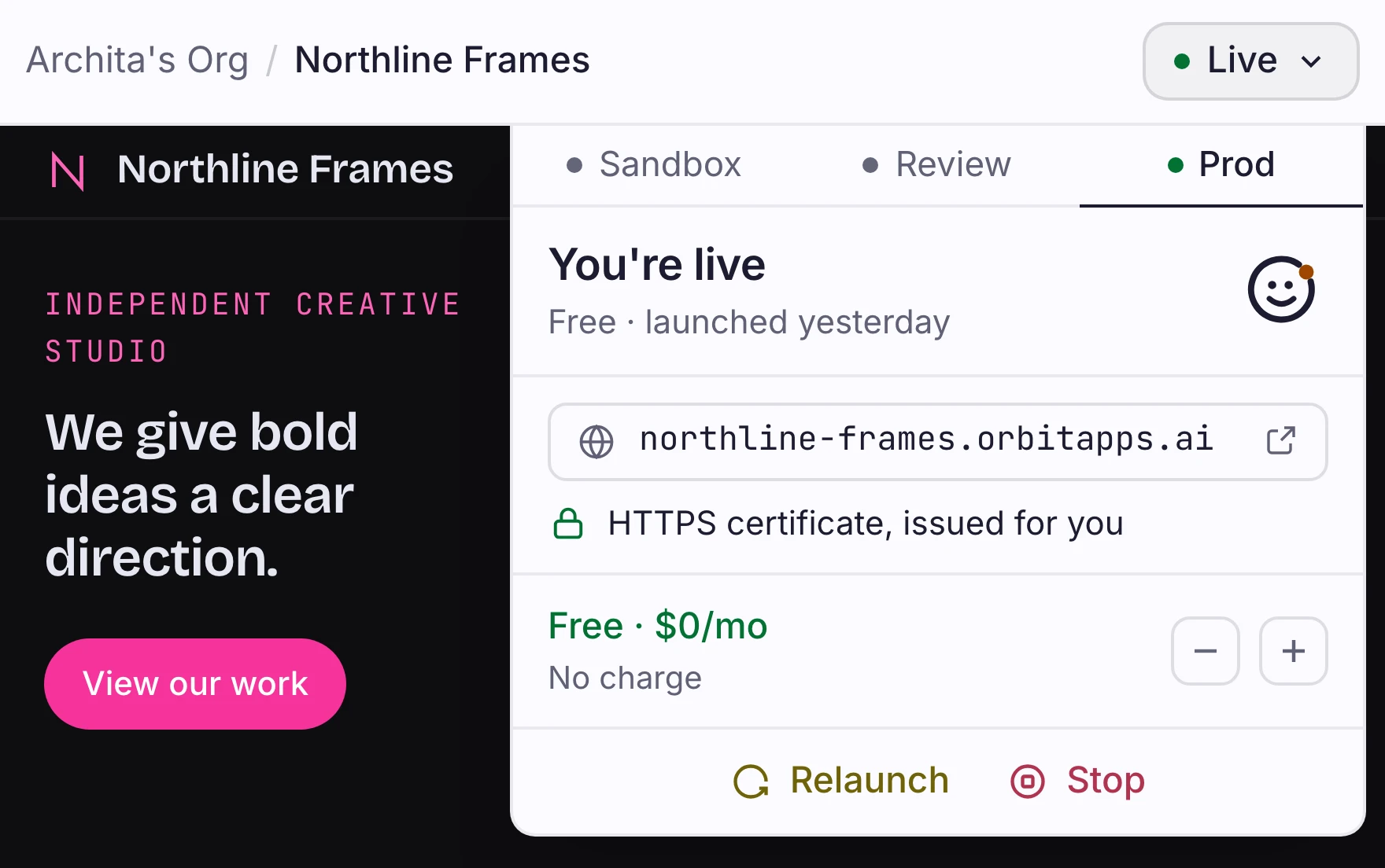 Orbit launch panel showing the Northline Frames site live on a domain