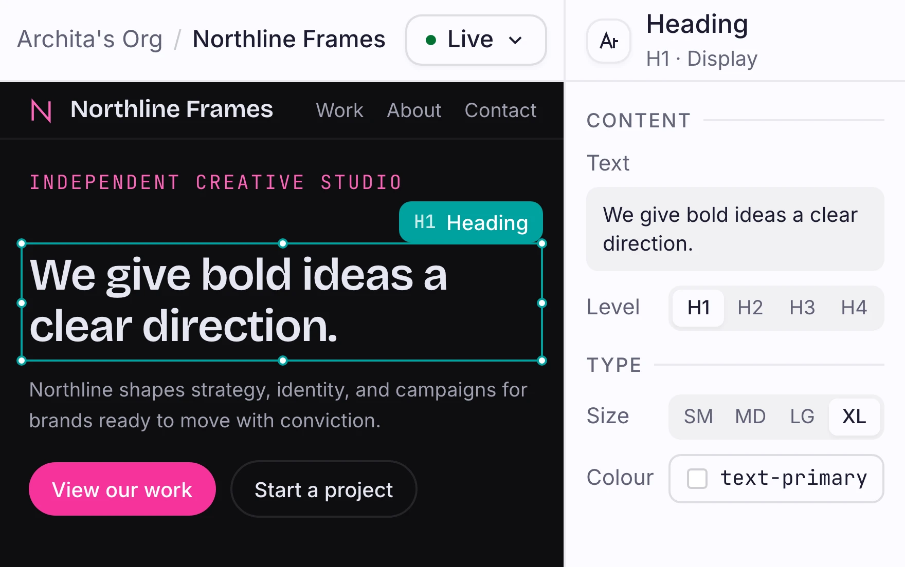 Orbit editor canvas selecting and editing Northline Frames page content