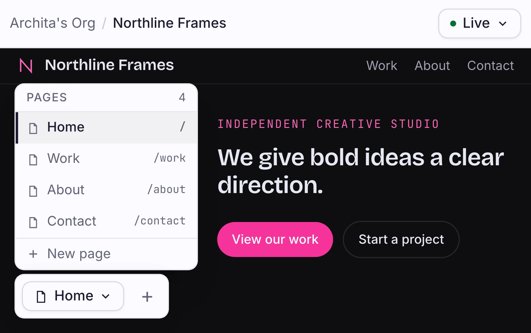 Orbit canvas showing the Northline Frames multi-page site with pages visible