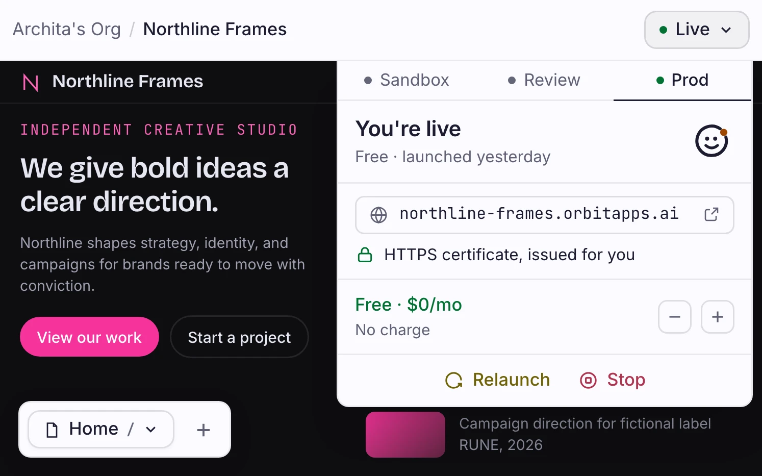 Orbit builder showing the Northline Frames website in a real dark theme with project calls to action visible