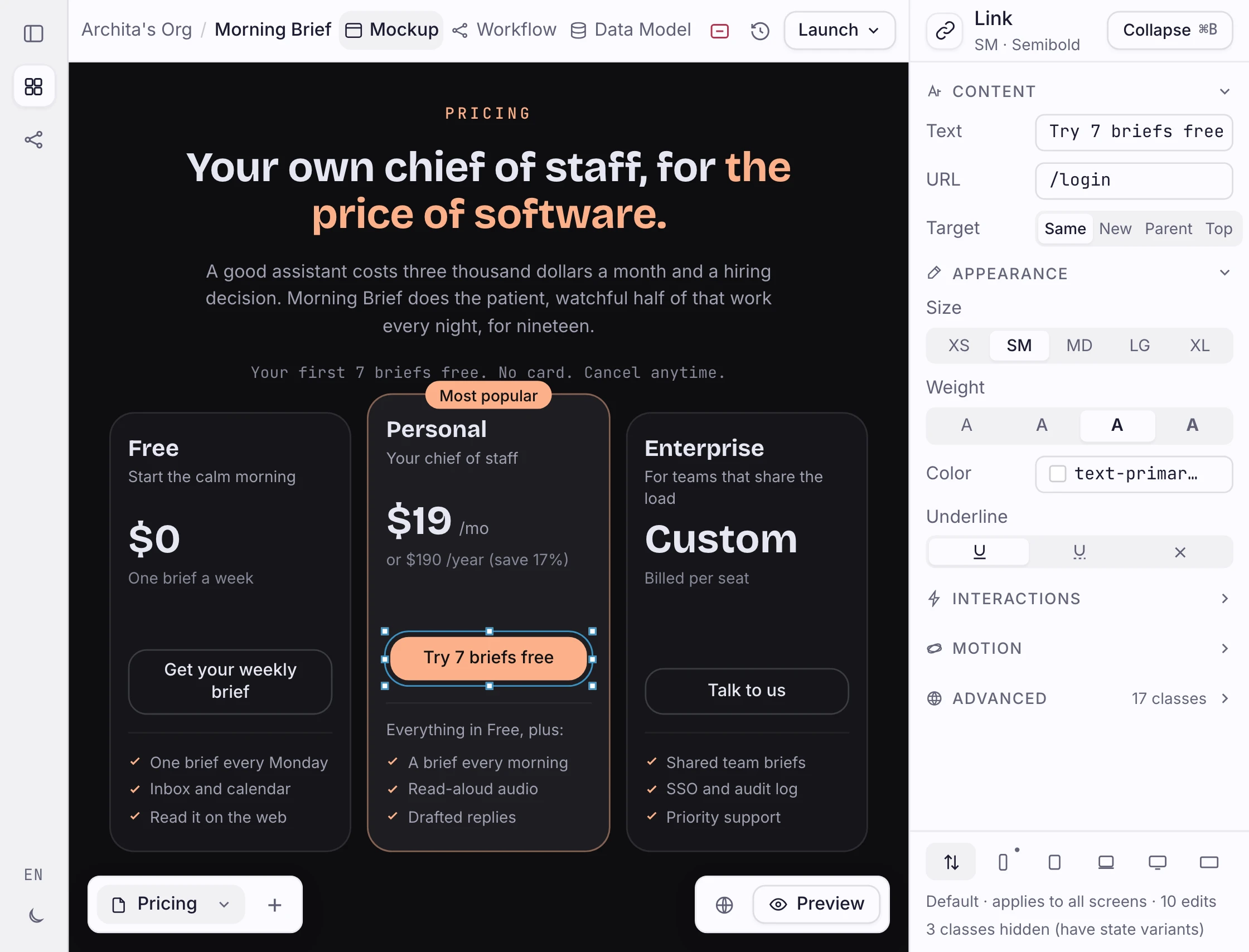 Écran Mockup Orbit montrant les tarifs de Morning Brief et le volet des propriétés