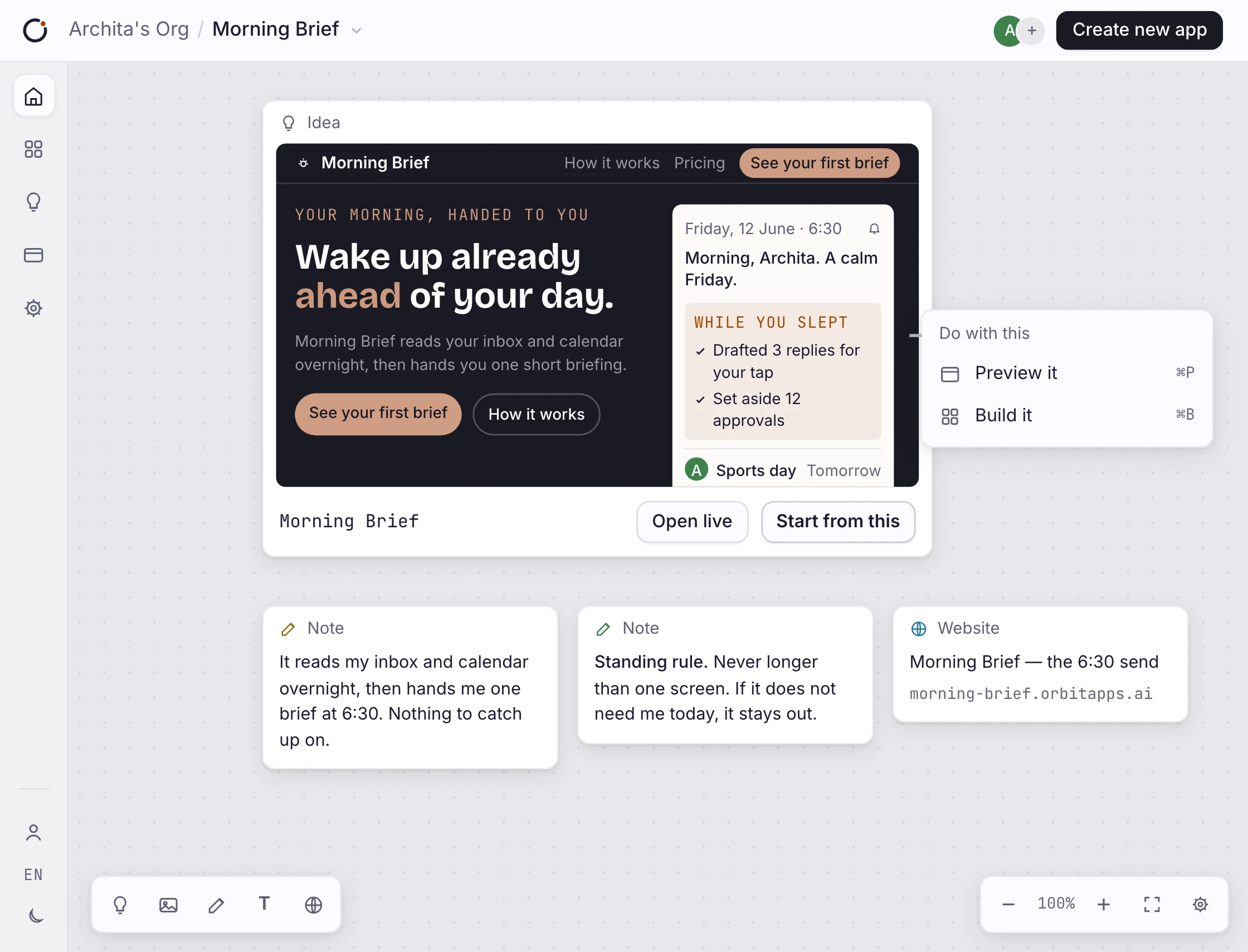 Scratchpad Orbit de Morning Brief avec notes et invite d’app sur un canevas