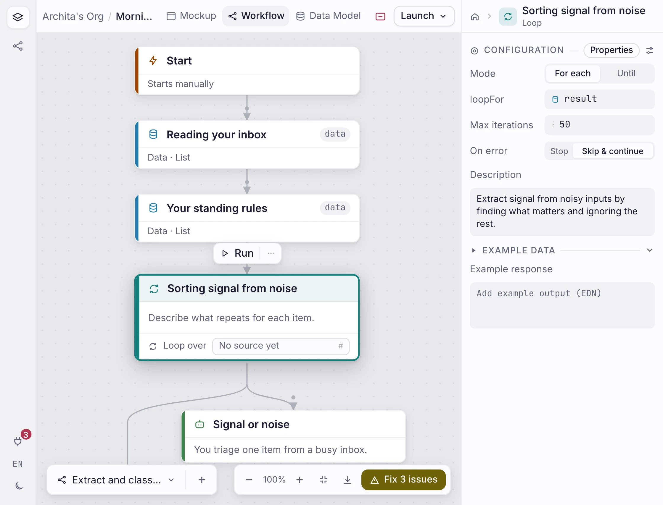 Écran Workflow Orbit de Morning Brief avec volet de configuration rempli