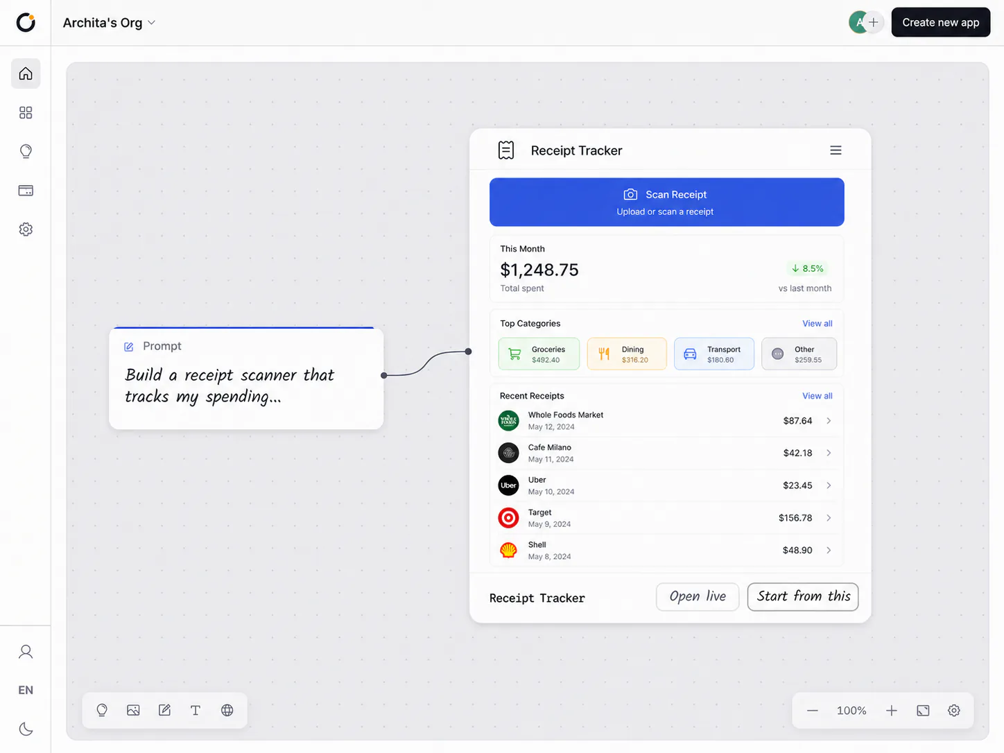 Orbit scratchpad prompt connected to a generated receipt tracker preview