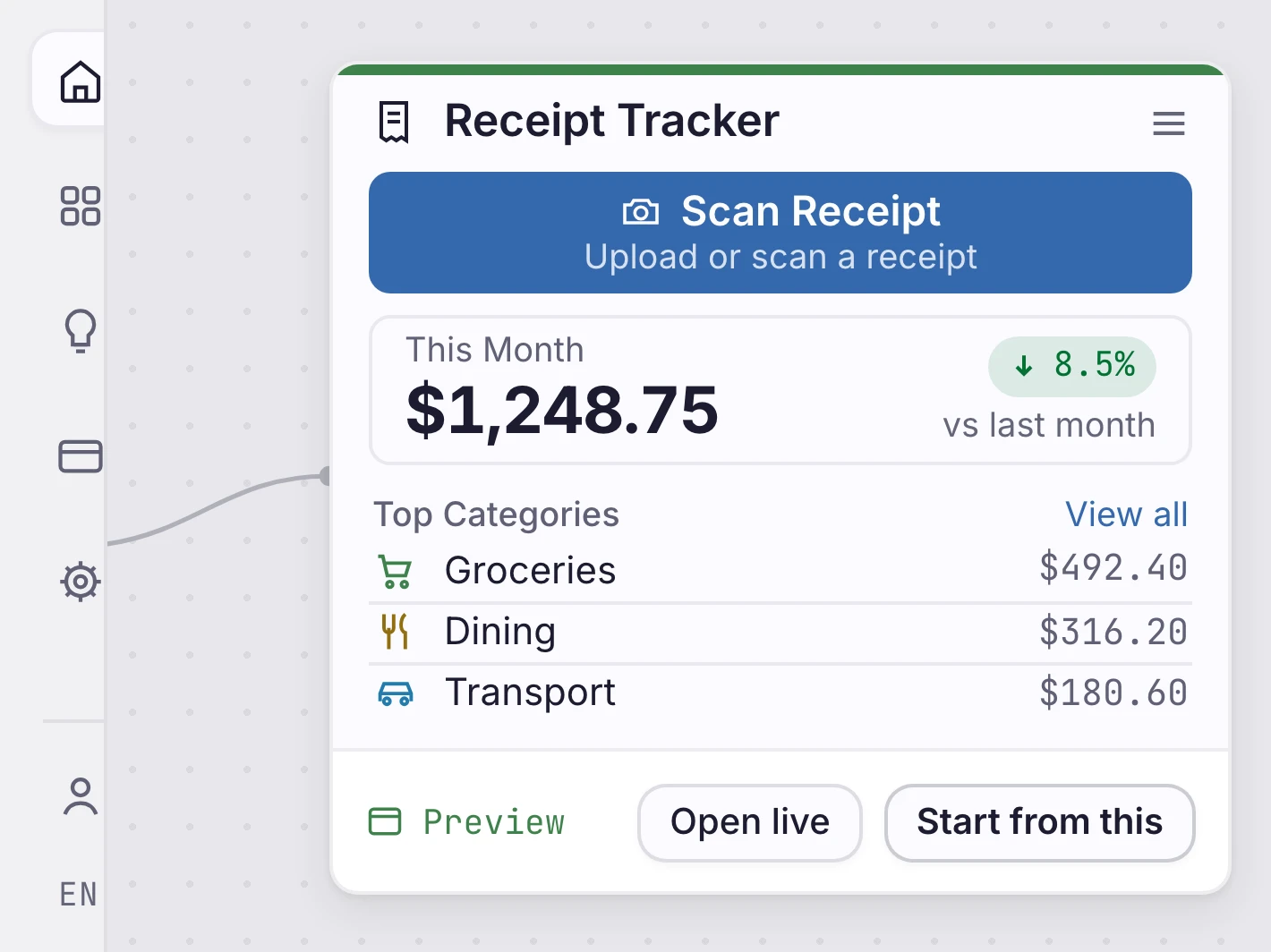 Orbit scratchpad connected to a completed receipt tracker preview