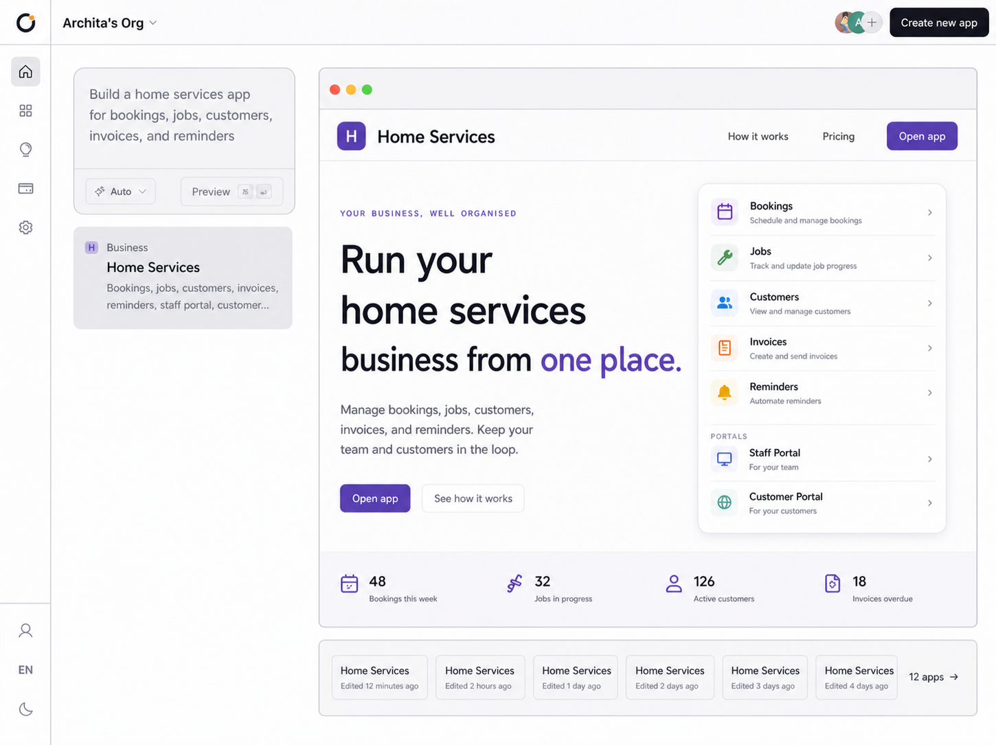 Orbit home building and previewing a home services app for bookings, jobs, customers, invoices, and reminders