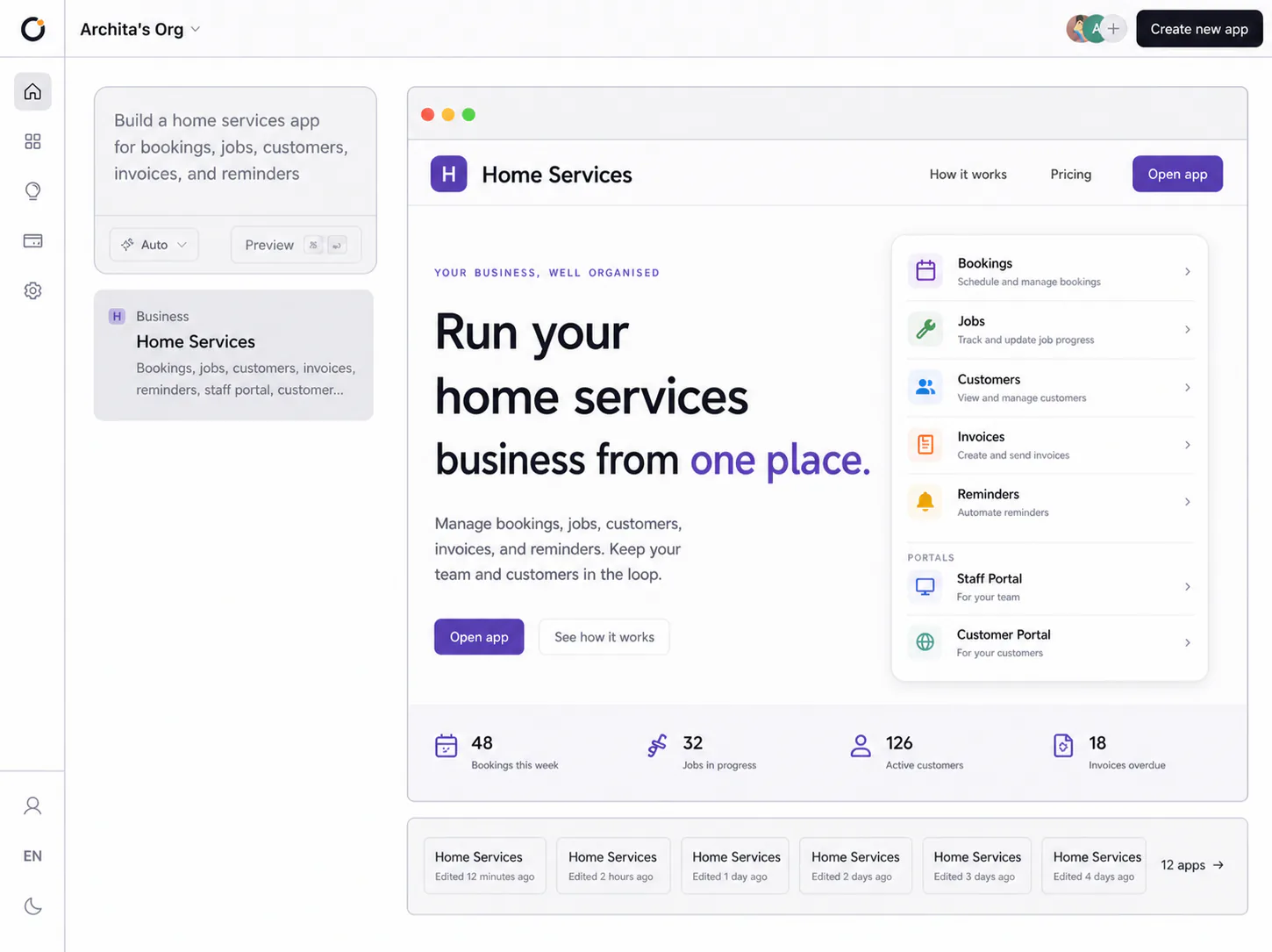 Orbit home building and previewing a home services app for bookings, jobs, customers, invoices, and reminders