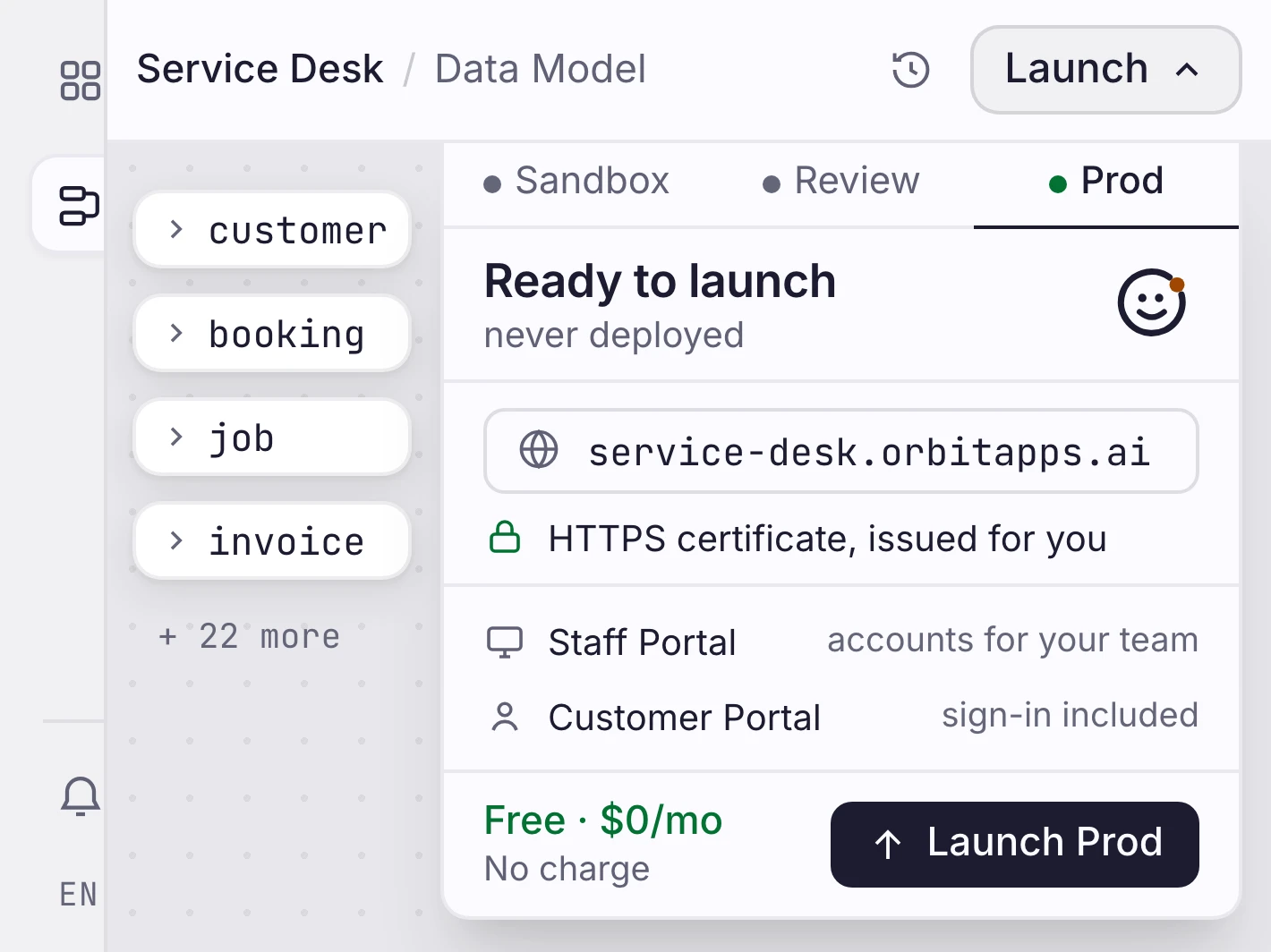 Orbit launch screen showing production status, launch checklist, and live home services app URL