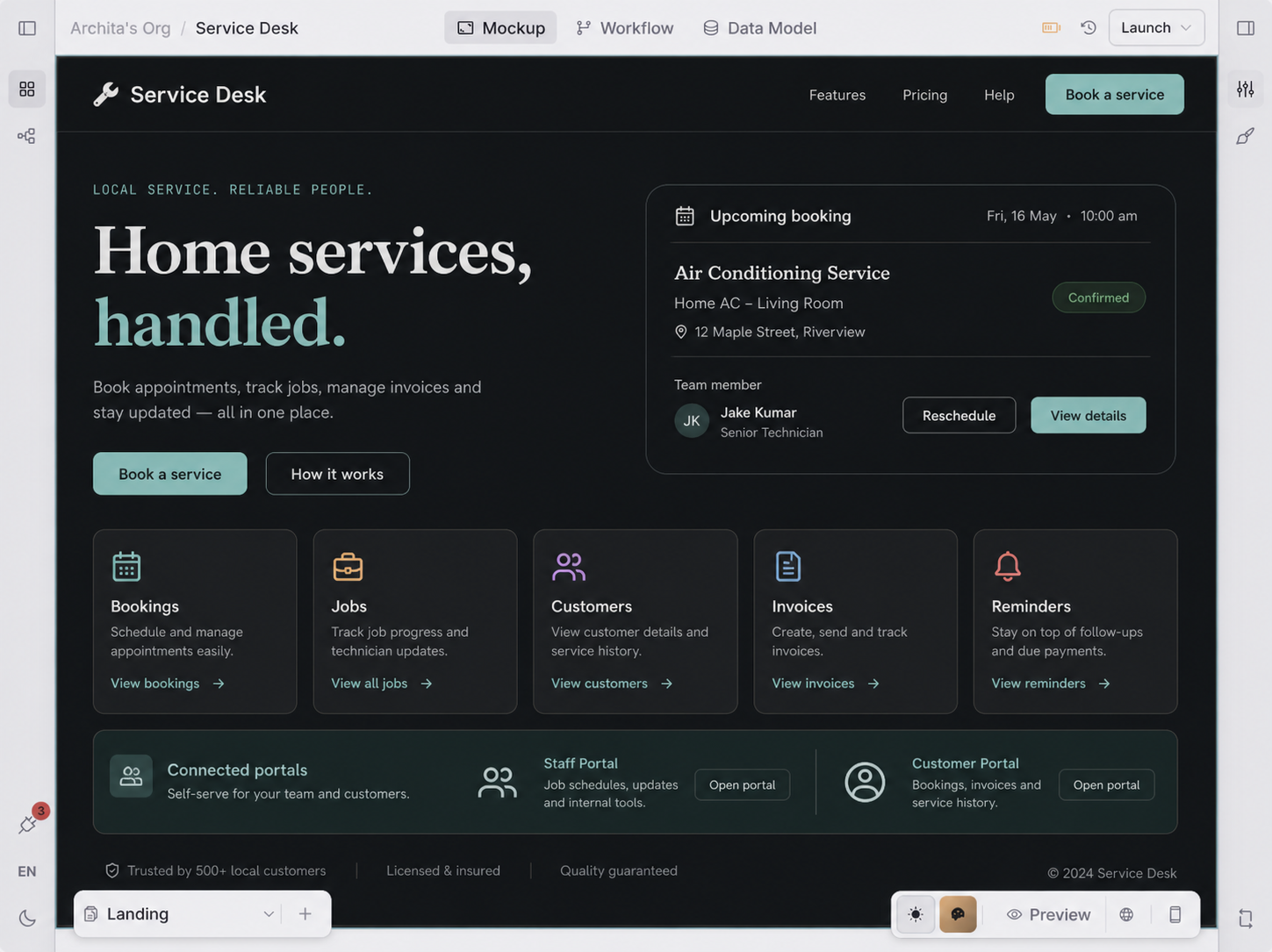 Orbit mockup editor shaping a home services app with bookings, jobs, invoices, reminders, and settings visible