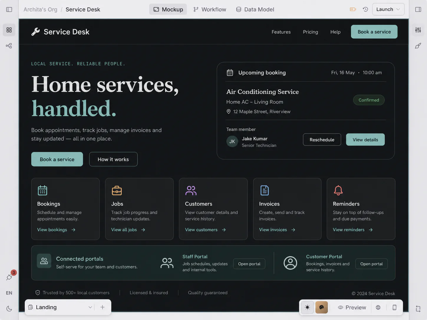 Orbit mockup editor shaping a home services app with bookings, jobs, invoices, reminders, and settings visible