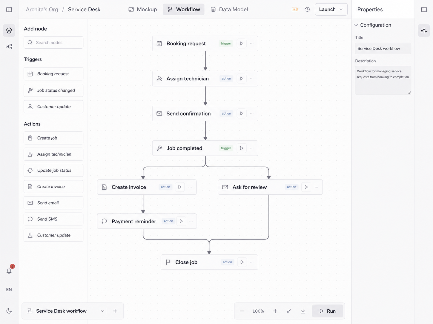 Orbit workflow editor showing booking request, technician assignment, confirmations, invoice creation, payment reminder, and review request